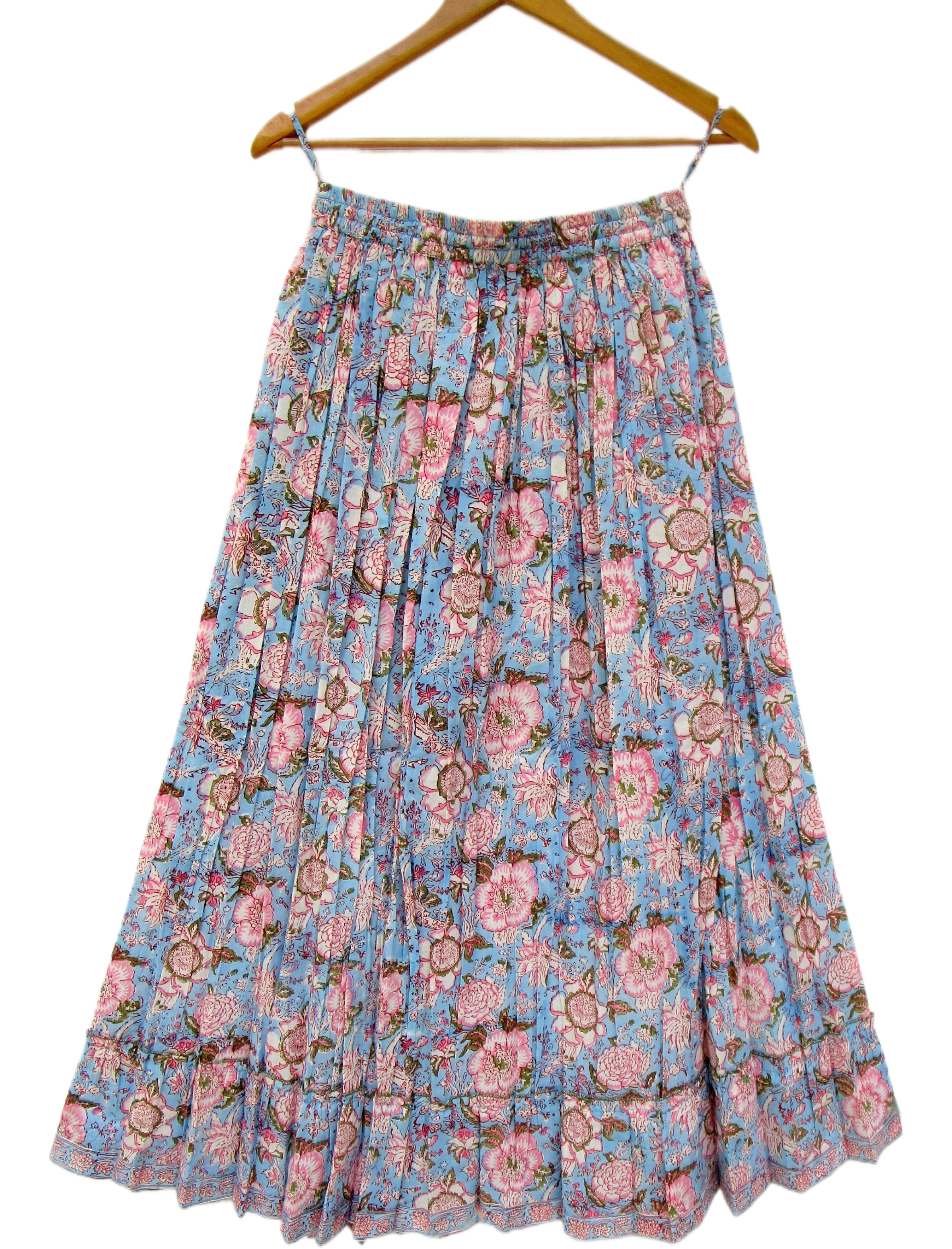 Sky Blue Hand Block Printed Cotton Flared Skirt with Tassel Tie-Up