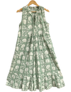 Sage Green Ethnic Floral Cotton Maxi Dress with Gathered Silhouette