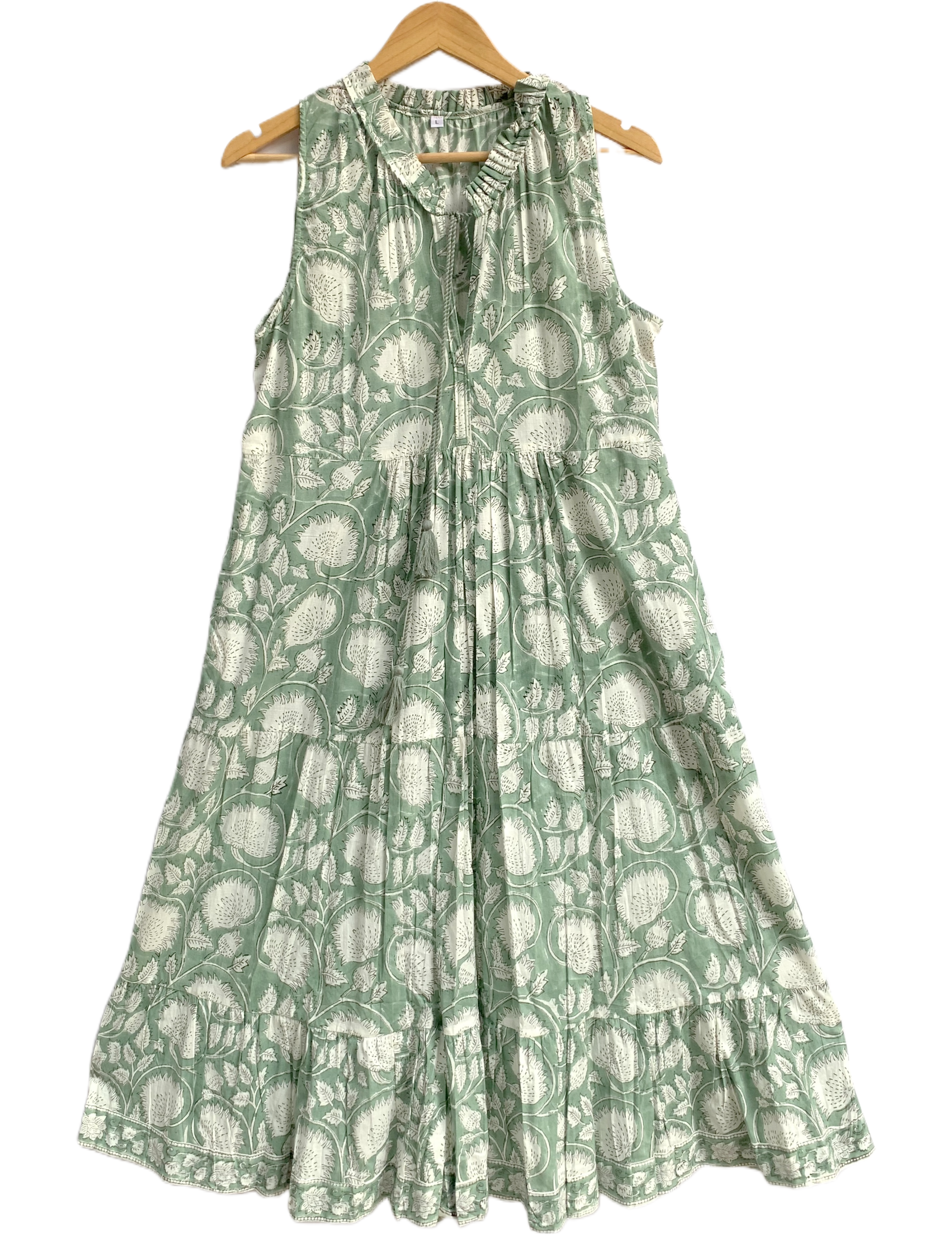 Sage Green Ethnic Floral Cotton Maxi Dress with Gathered Silhouette