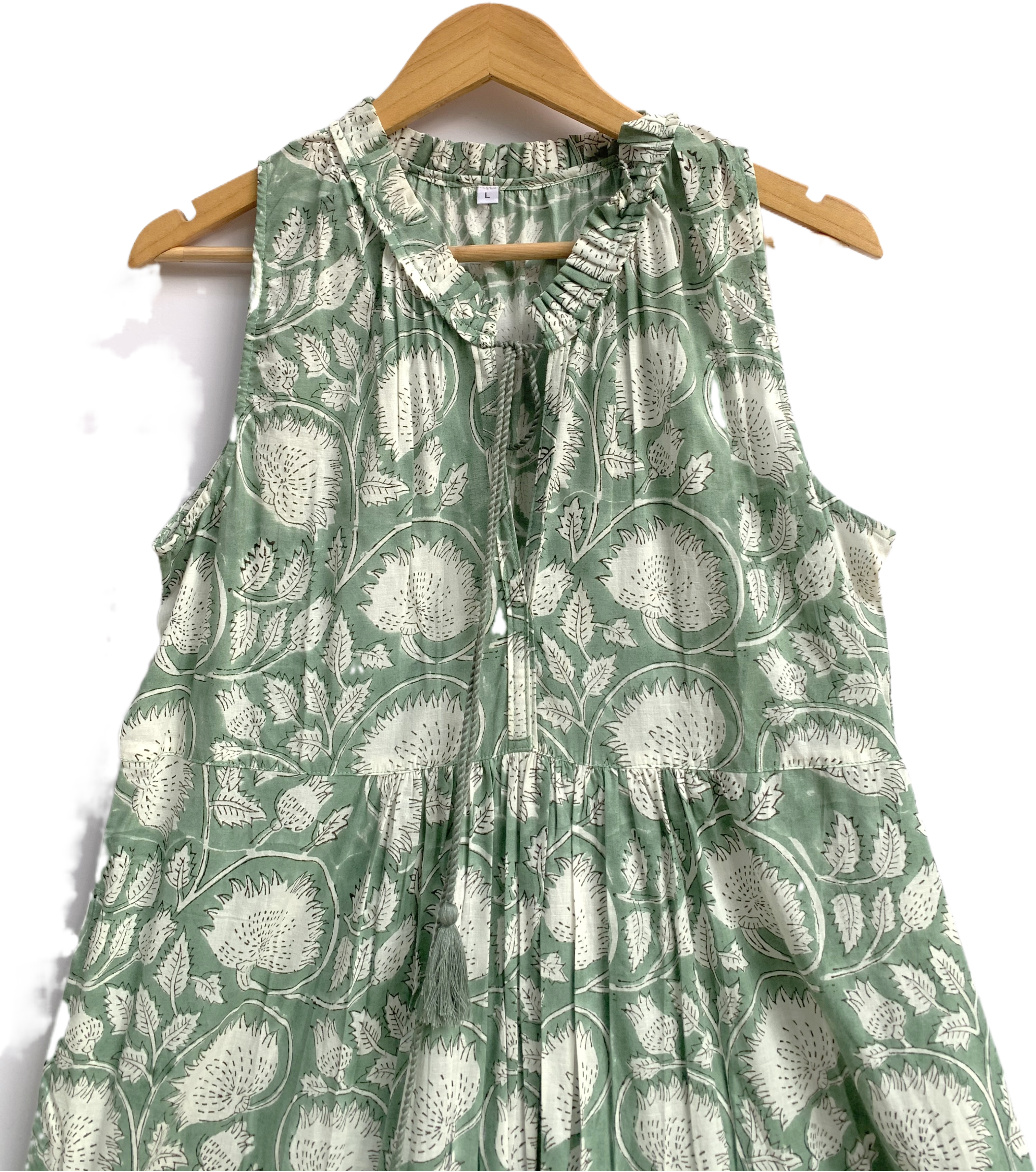Sage Green Ethnic Floral Cotton Maxi Dress with Gathered Silhouette