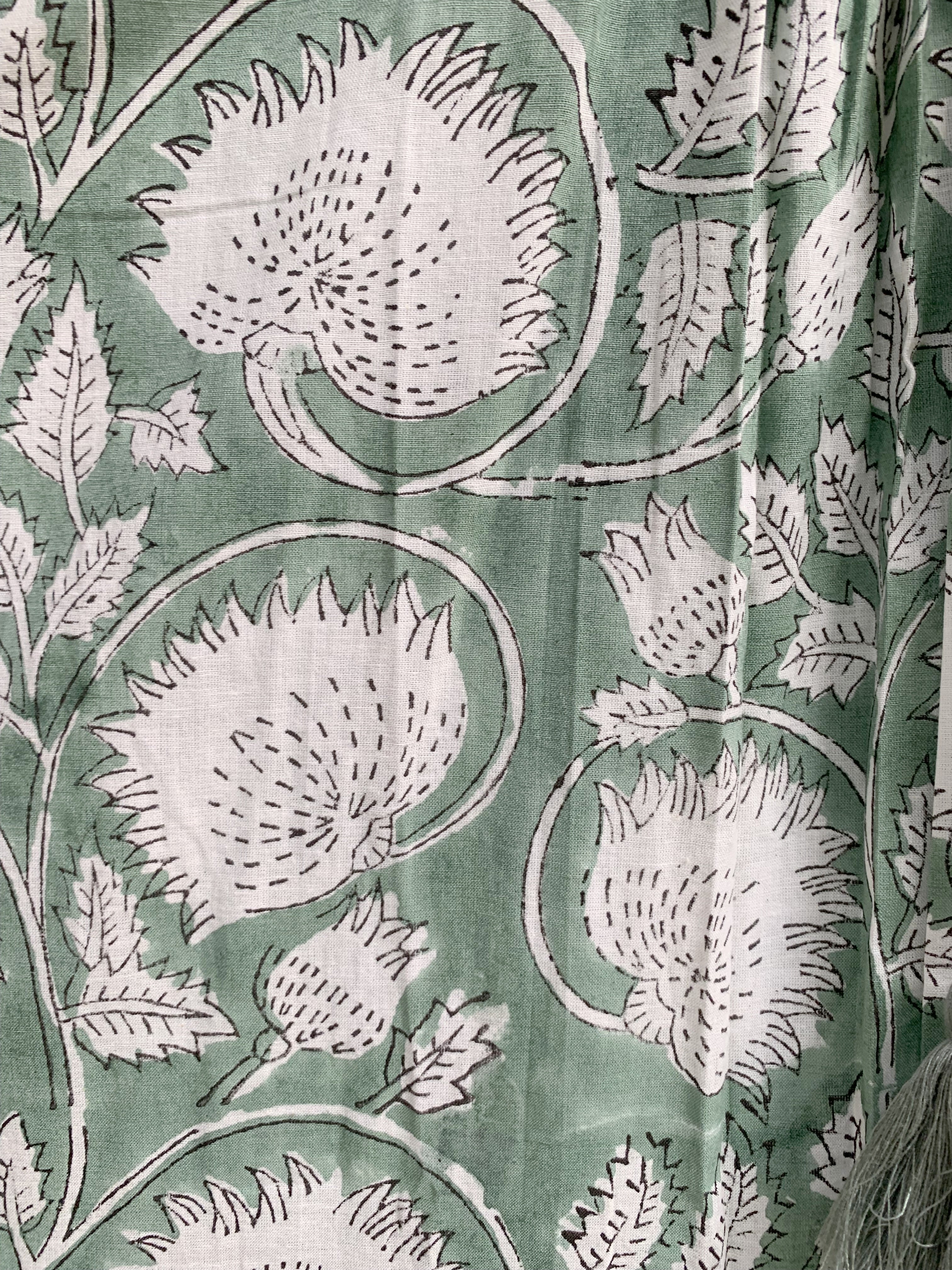 Sage Green Ethnic Floral Cotton Maxi Dress with Gathered Silhouette
