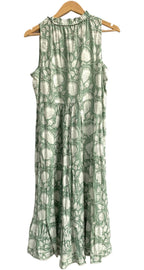Sage Green Ethnic Floral Cotton Maxi Dress with Gathered Silhouette