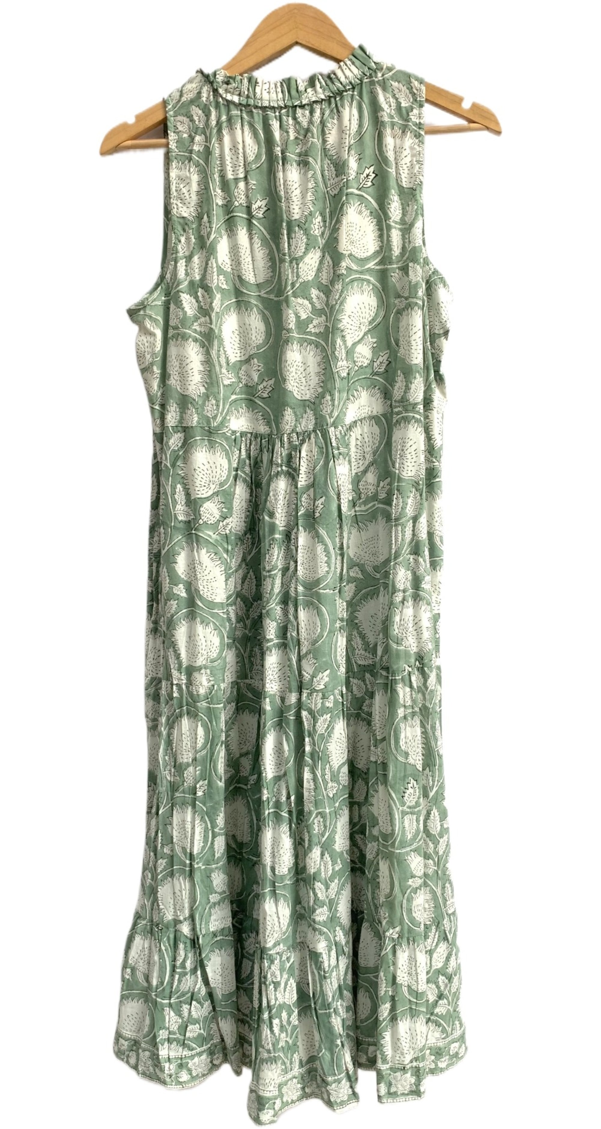 Sage Green Ethnic Floral Cotton Maxi Dress with Gathered Silhouette