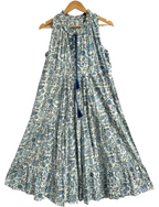 Indigo Blue Floral Hand Block Printed Cotton Tiered Maxi Dress