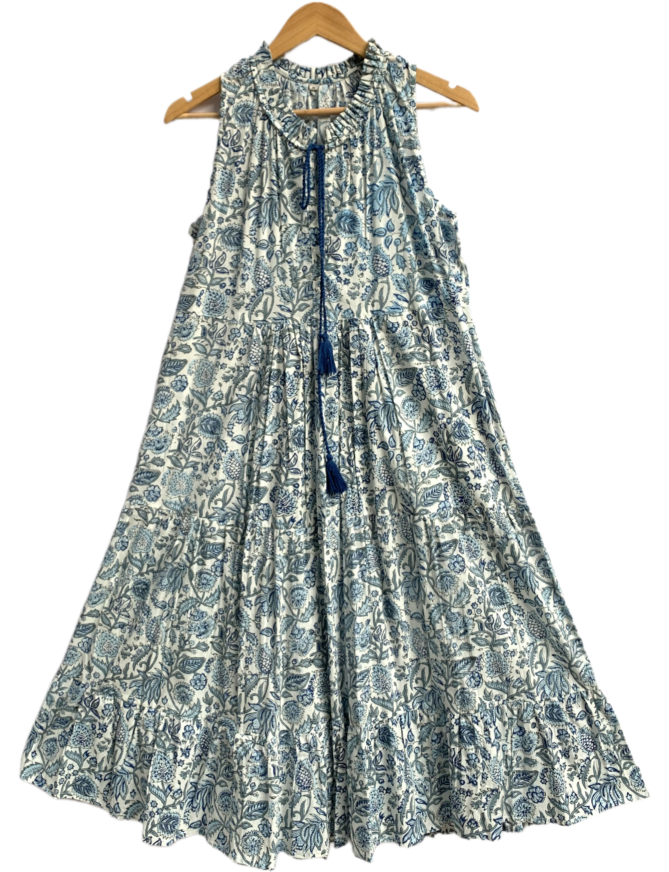 Indigo Blue Floral Hand Block Printed Cotton Tiered Maxi Dress