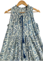 Indigo Blue Floral Hand Block Printed Cotton Tiered Maxi Dress