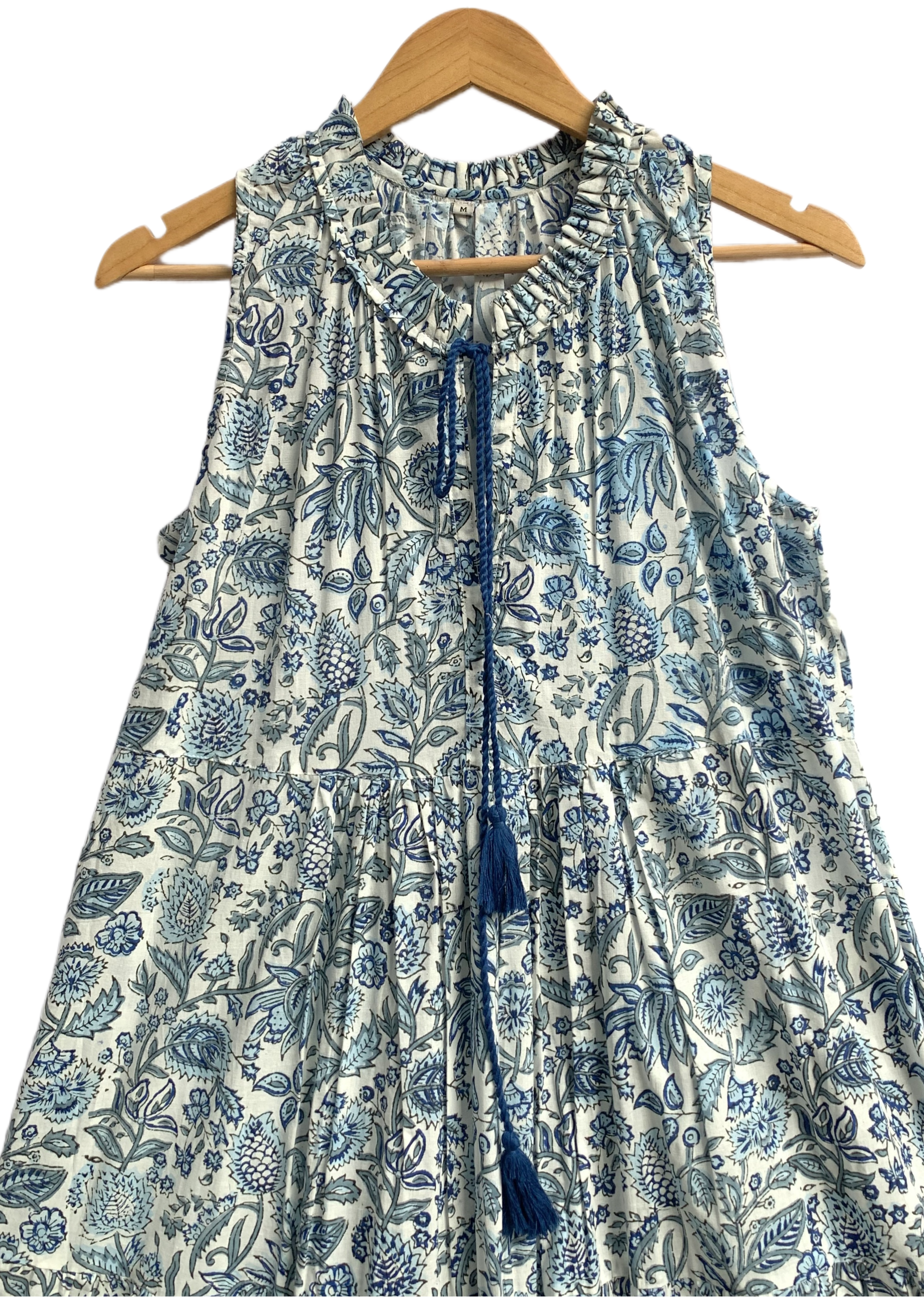Indigo Blue Floral Hand Block Printed Cotton Tiered Maxi Dress