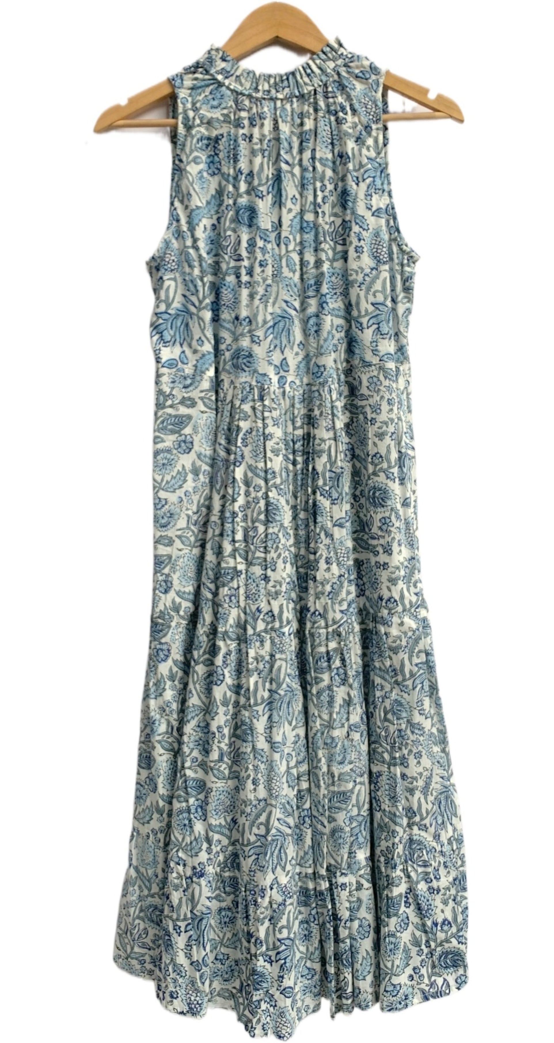 Indigo Blue Floral Hand Block Printed Cotton Tiered Maxi Dress