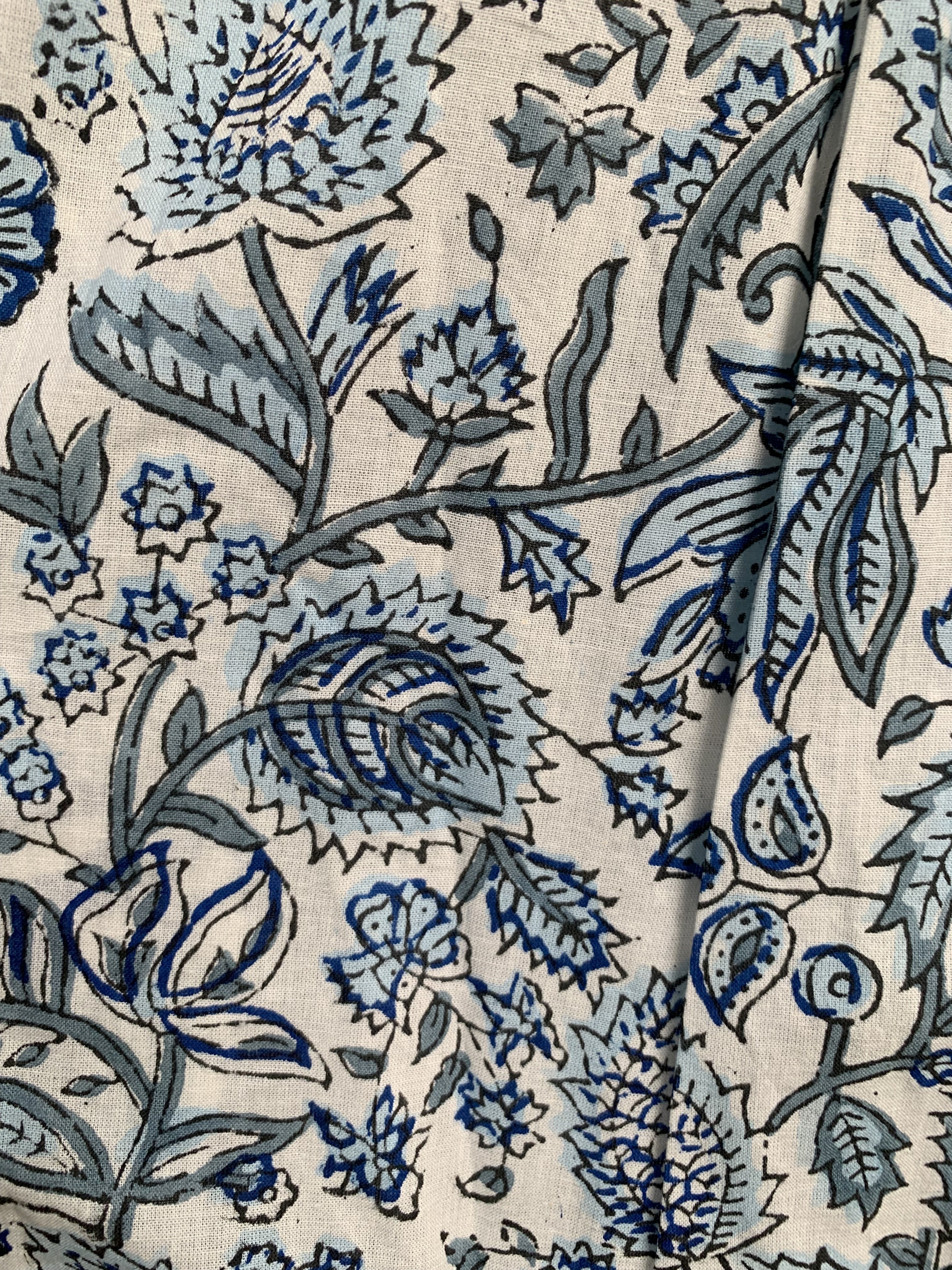 Indigo Blue Floral Hand Block Printed Cotton Tiered Maxi Dress