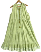 Pistachio Green Gingham Cotton Tiered Maxi Dress with Tassel Tie-Up