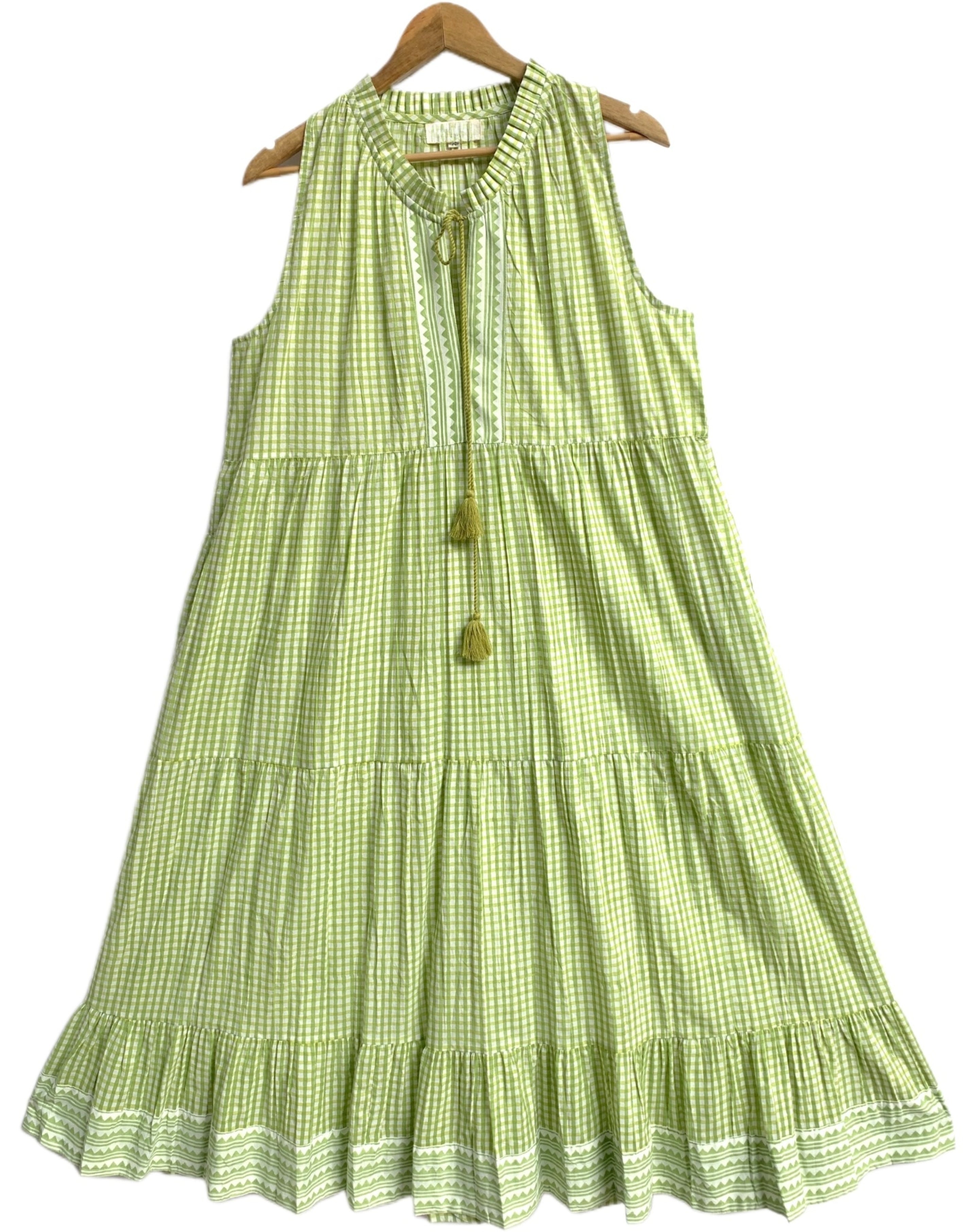 Pistachio Green Gingham Cotton Tiered Maxi Dress with Tassel Tie-Up