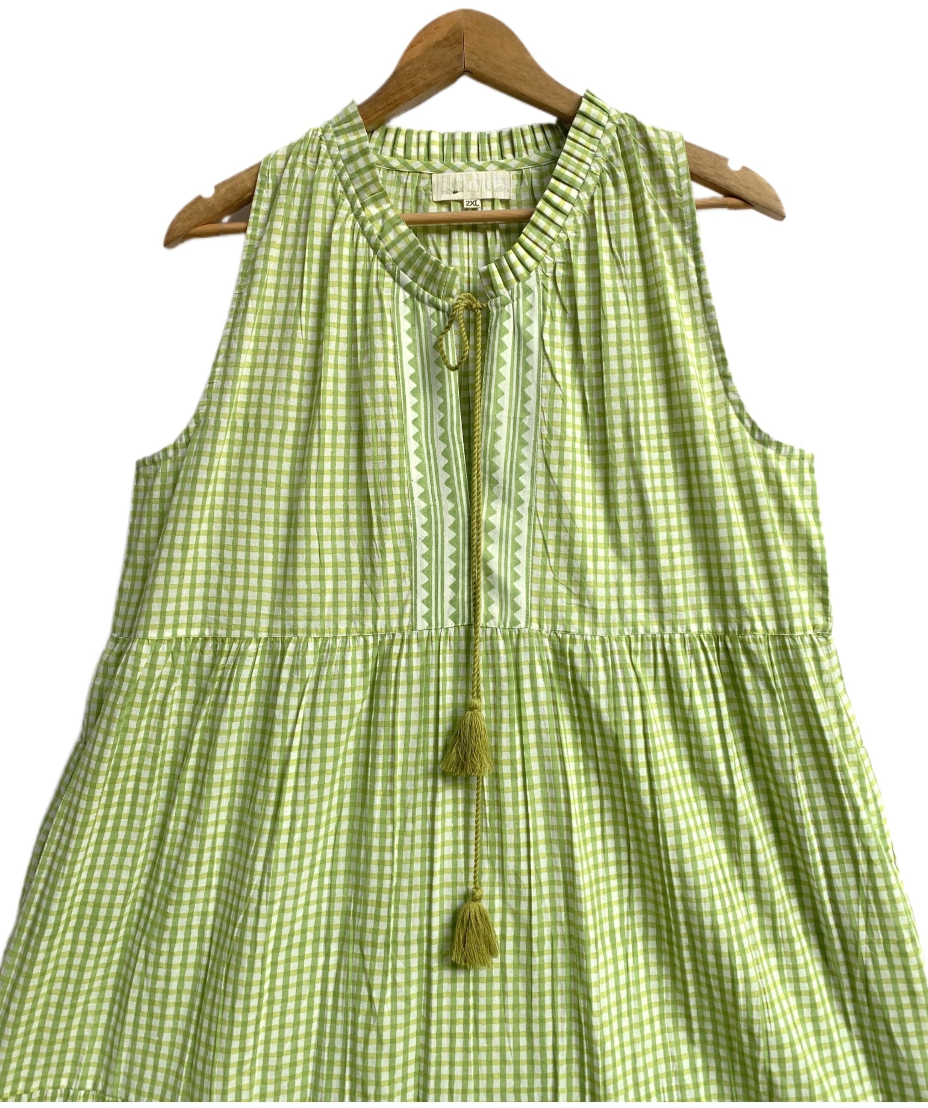 Pistachio Green Gingham Cotton Tiered Maxi Dress with Tassel Tie-Up