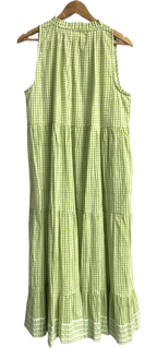 Pistachio Green Gingham Cotton Tiered Maxi Dress with Tassel Tie-Up