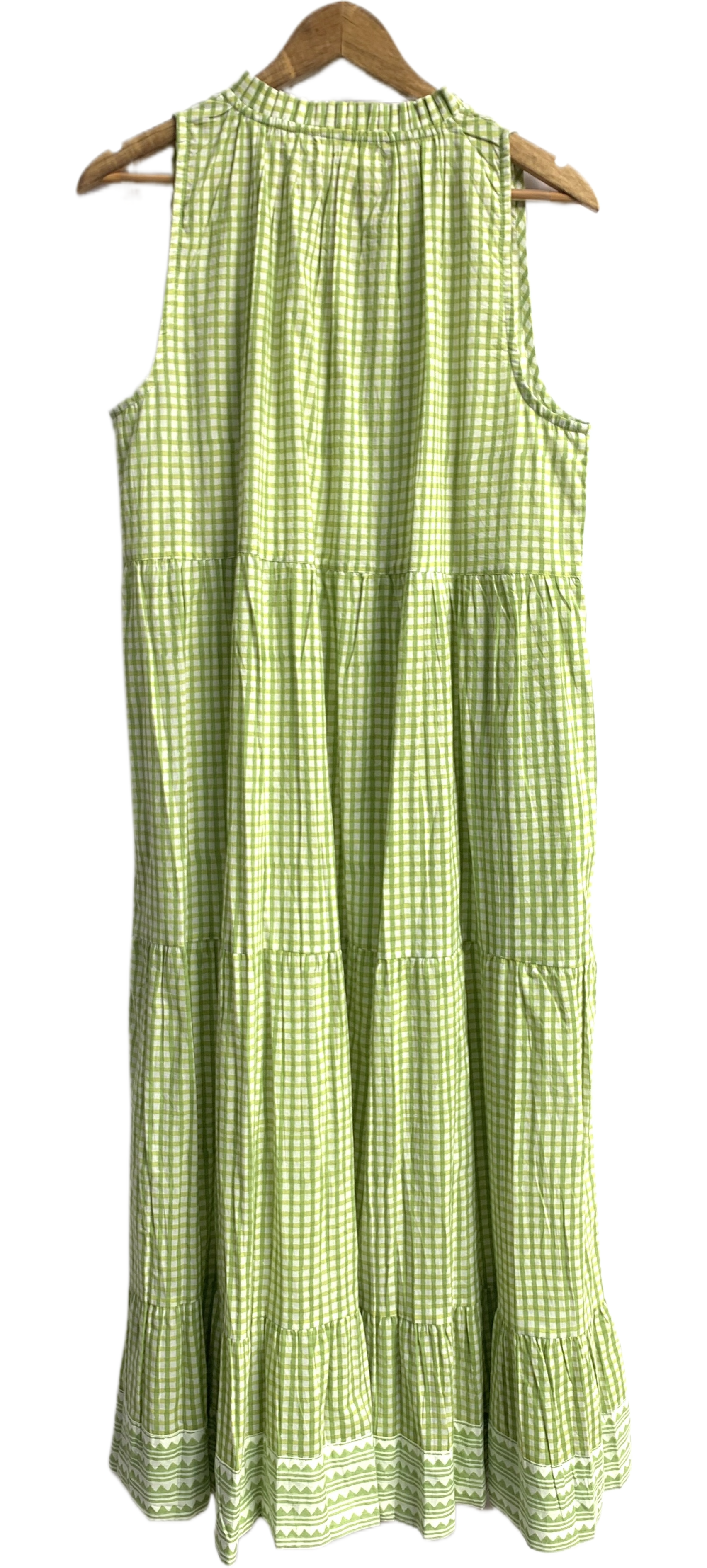 Pistachio Green Gingham Cotton Tiered Maxi Dress with Tassel Tie-Up