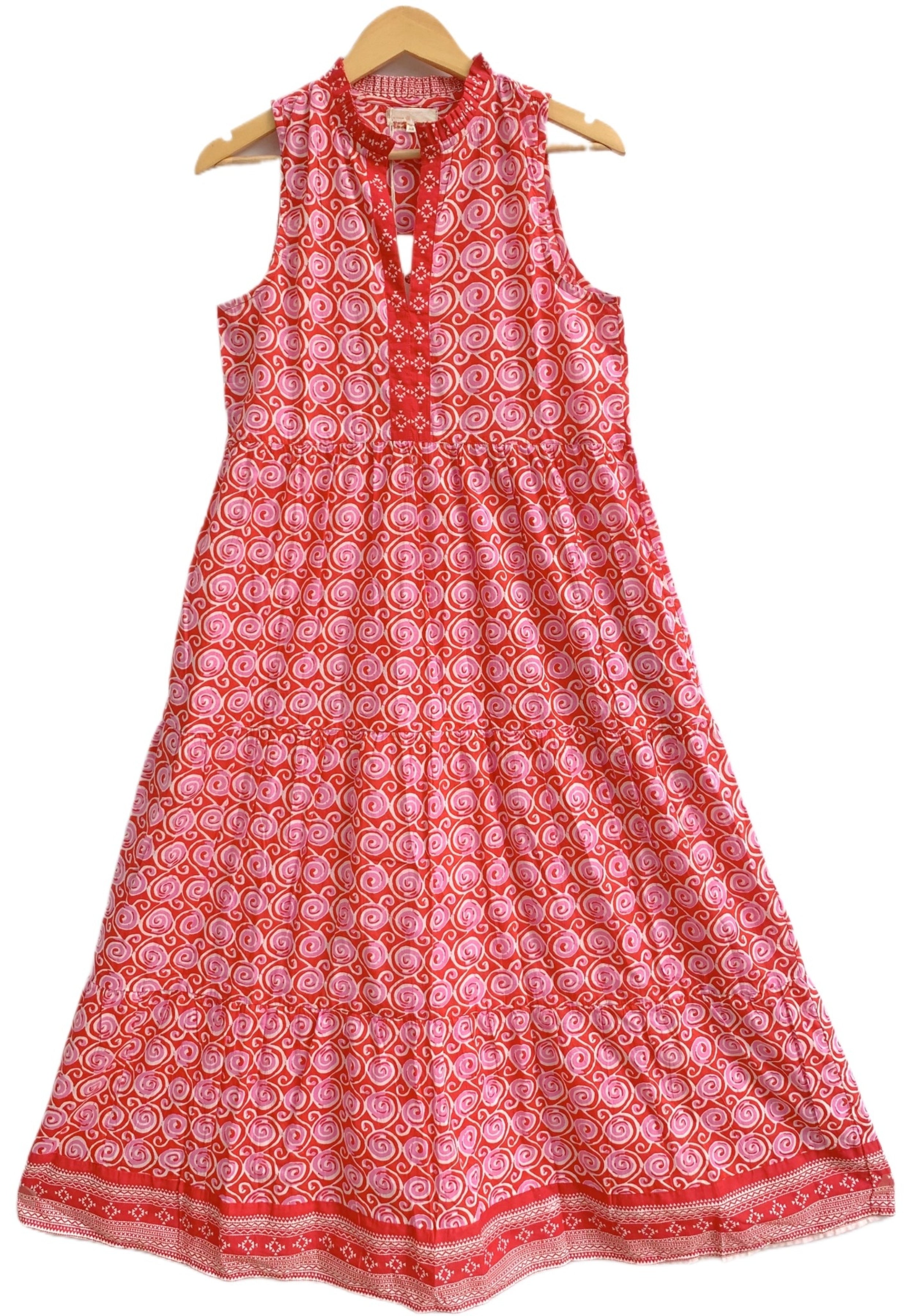 Vermillion Red Spiral Print Cotton Sleeveless Flared Maxi Dress