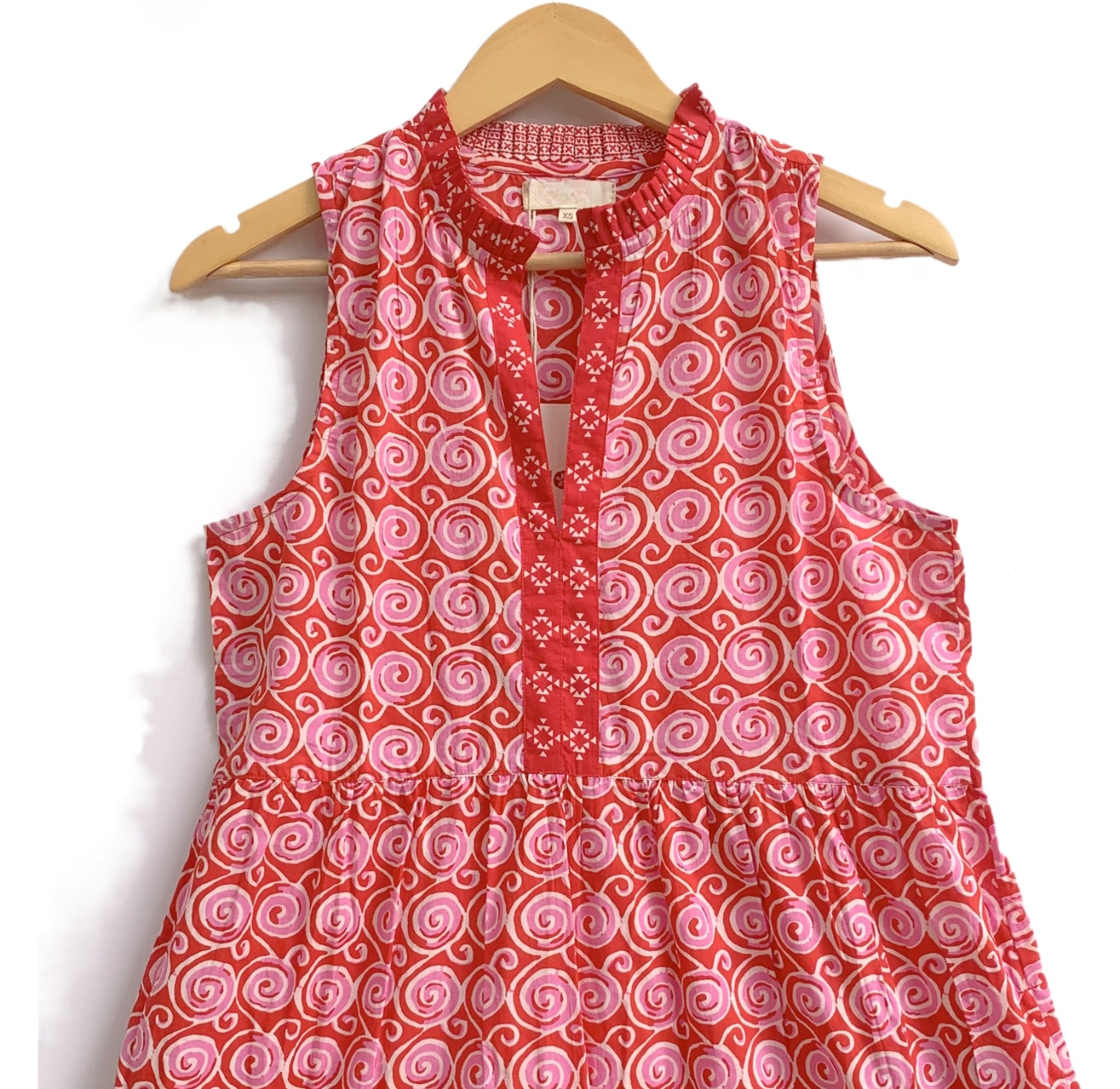Vermillion Red Spiral Print Cotton Sleeveless Flared Maxi Dress