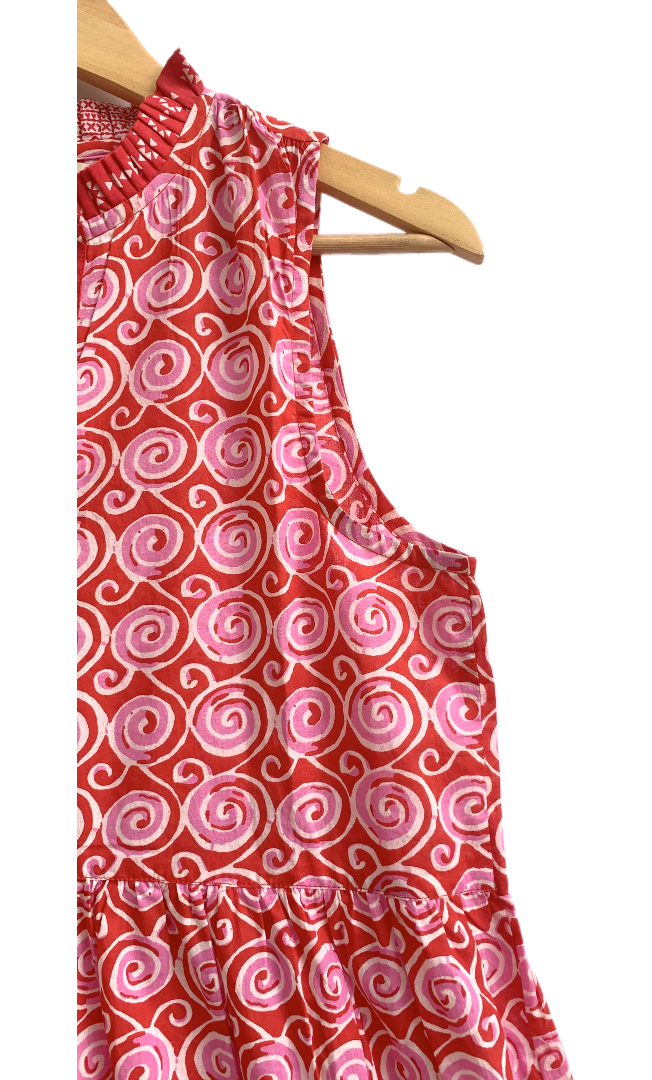 Vermillion Red Spiral Print Cotton Sleeveless Flared Maxi Dress