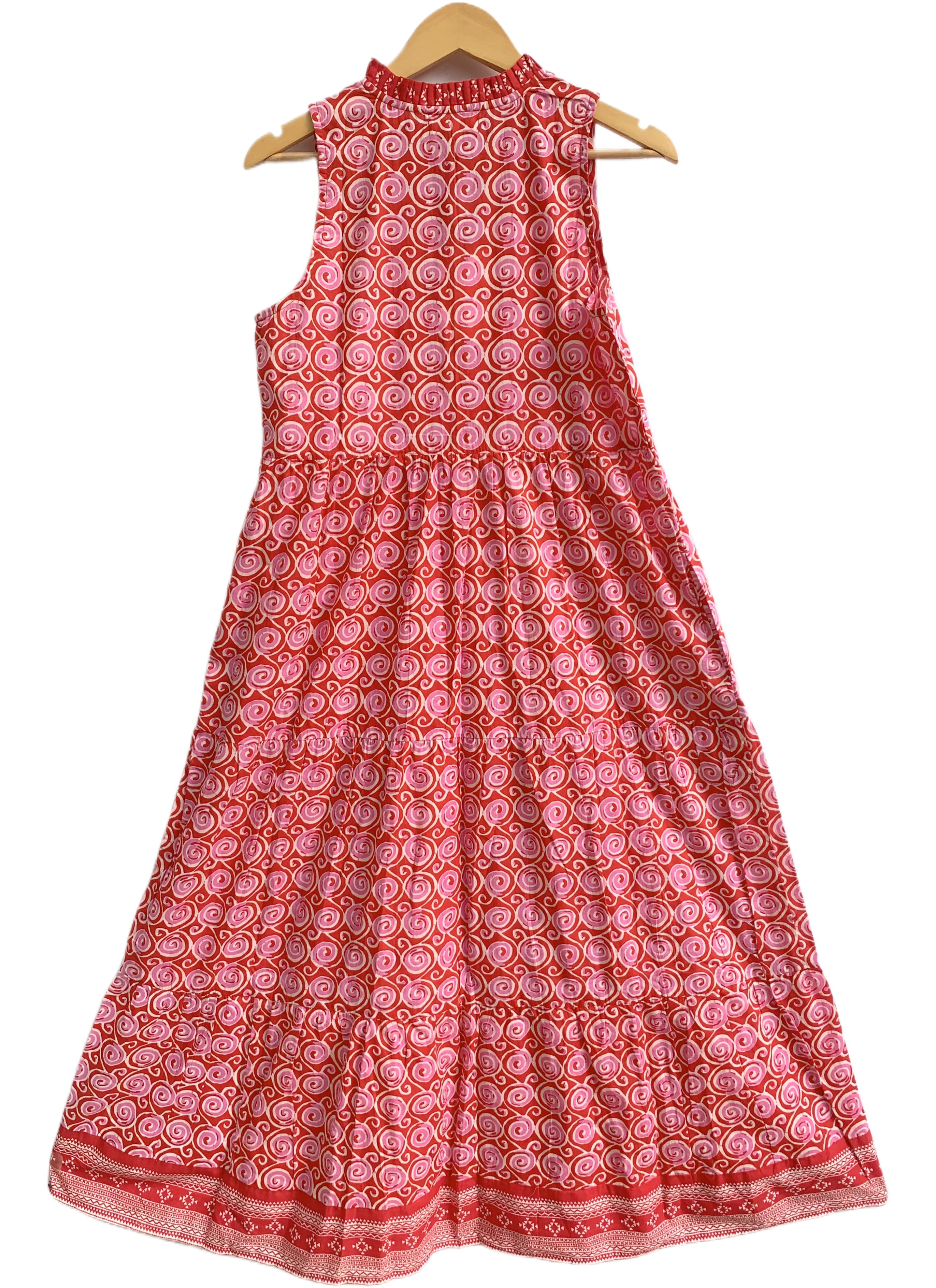 Vermillion Red Spiral Print Cotton Sleeveless Flared Maxi Dress