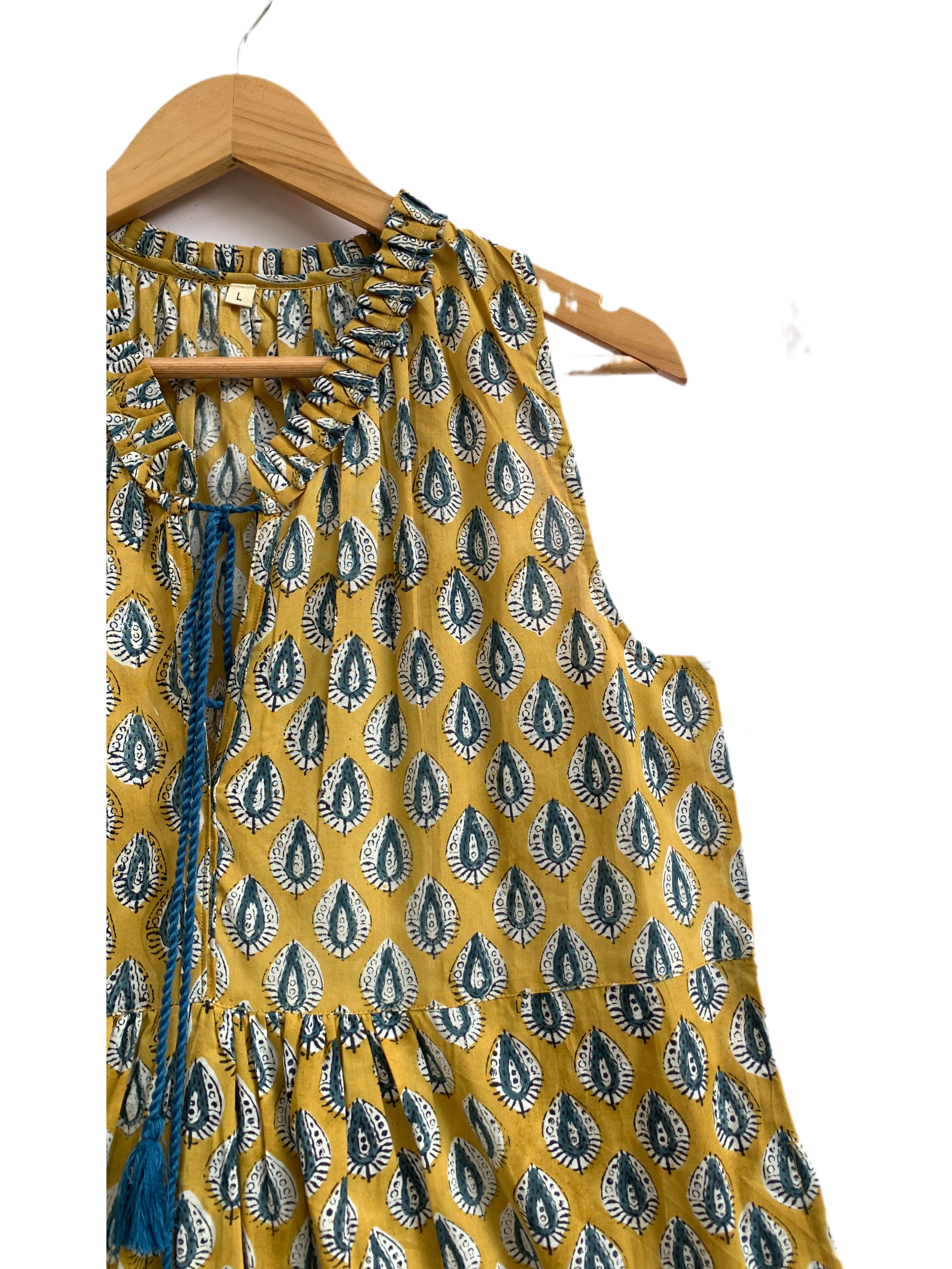 Golden Ochre Hand-Block Style Sleeveless Resort Dress