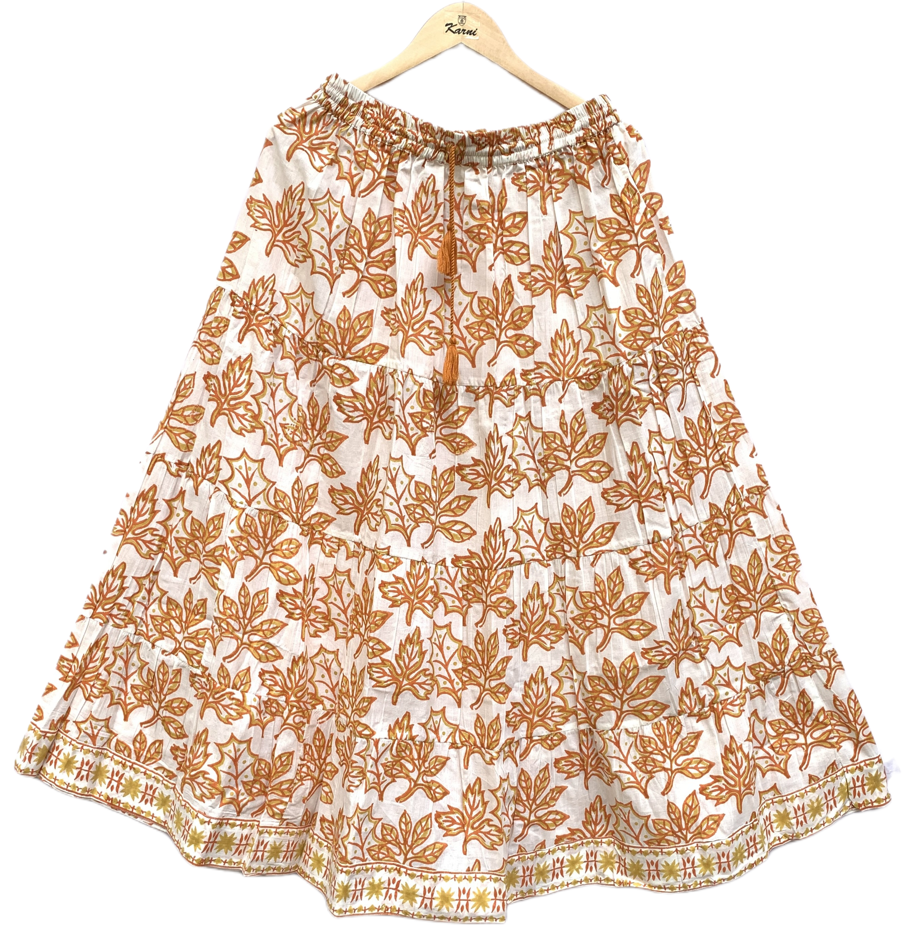 Rustic Leaf Handcrafted Cotton Maxi Skirt – Elastic Drawstring Waist Tiered Style