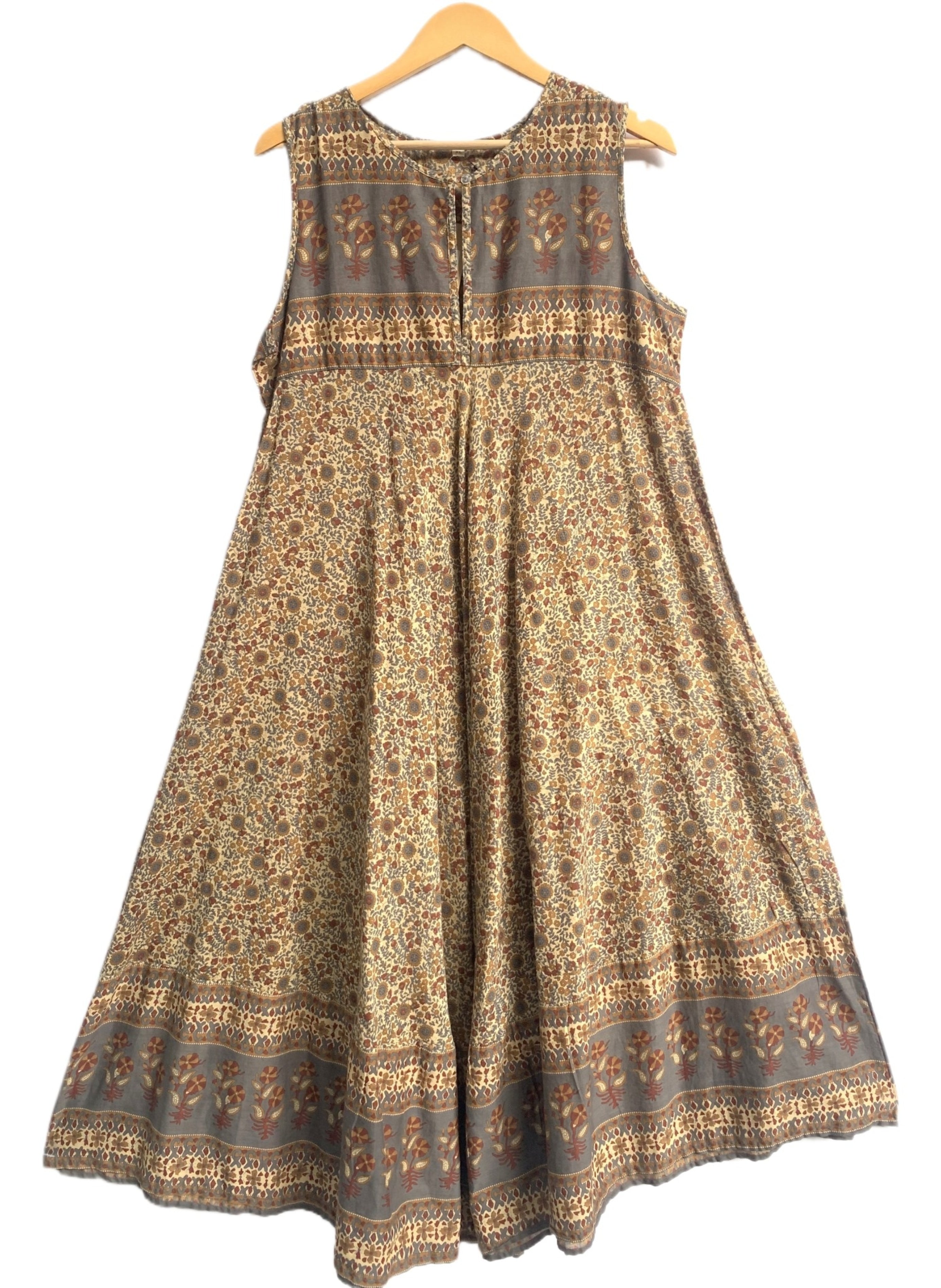 Earthy Floral Hand Screen Printed Cotton Maxi Dress with Border