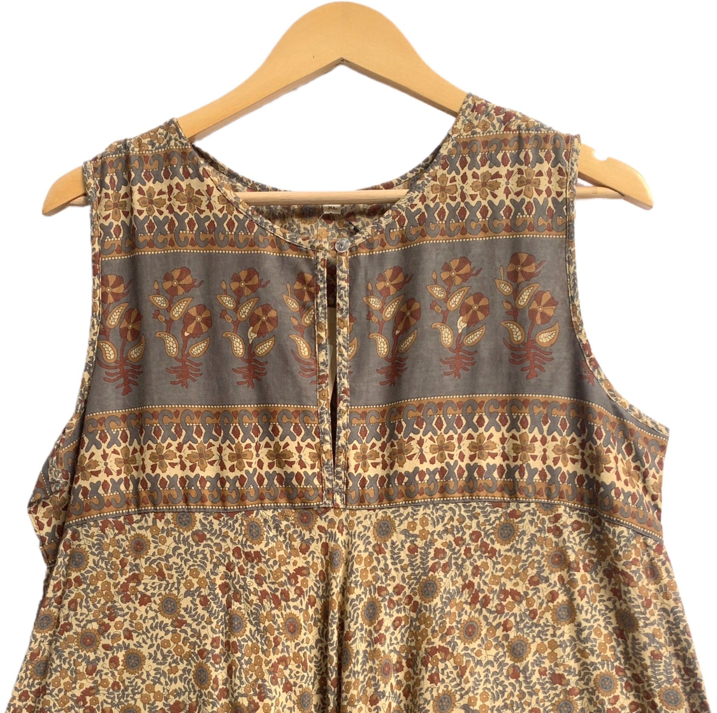 Earthy Floral Hand Screen Printed Cotton Maxi Dress with Border