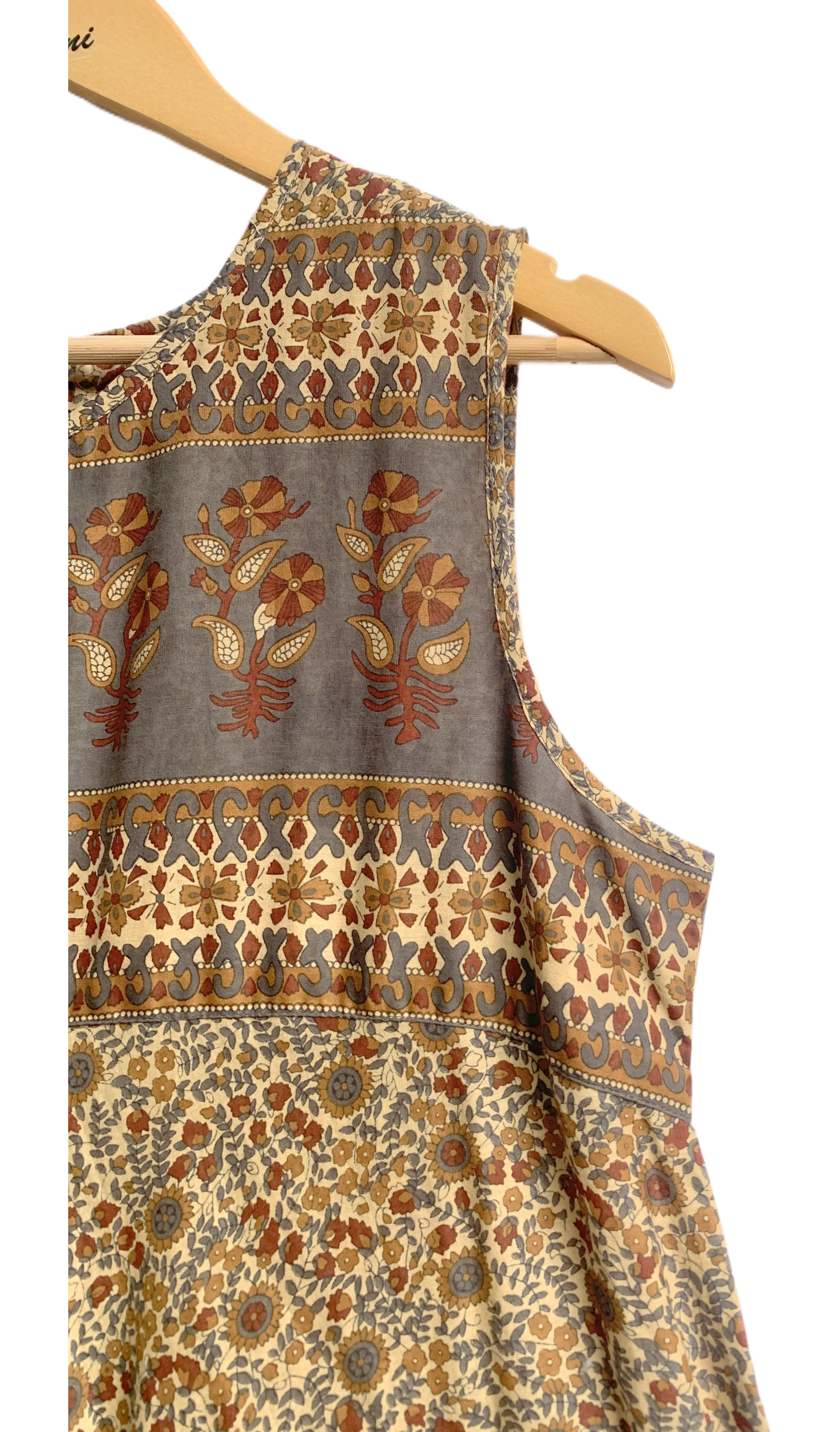 Earthy Floral Hand Screen Printed Cotton Maxi Dress with Border