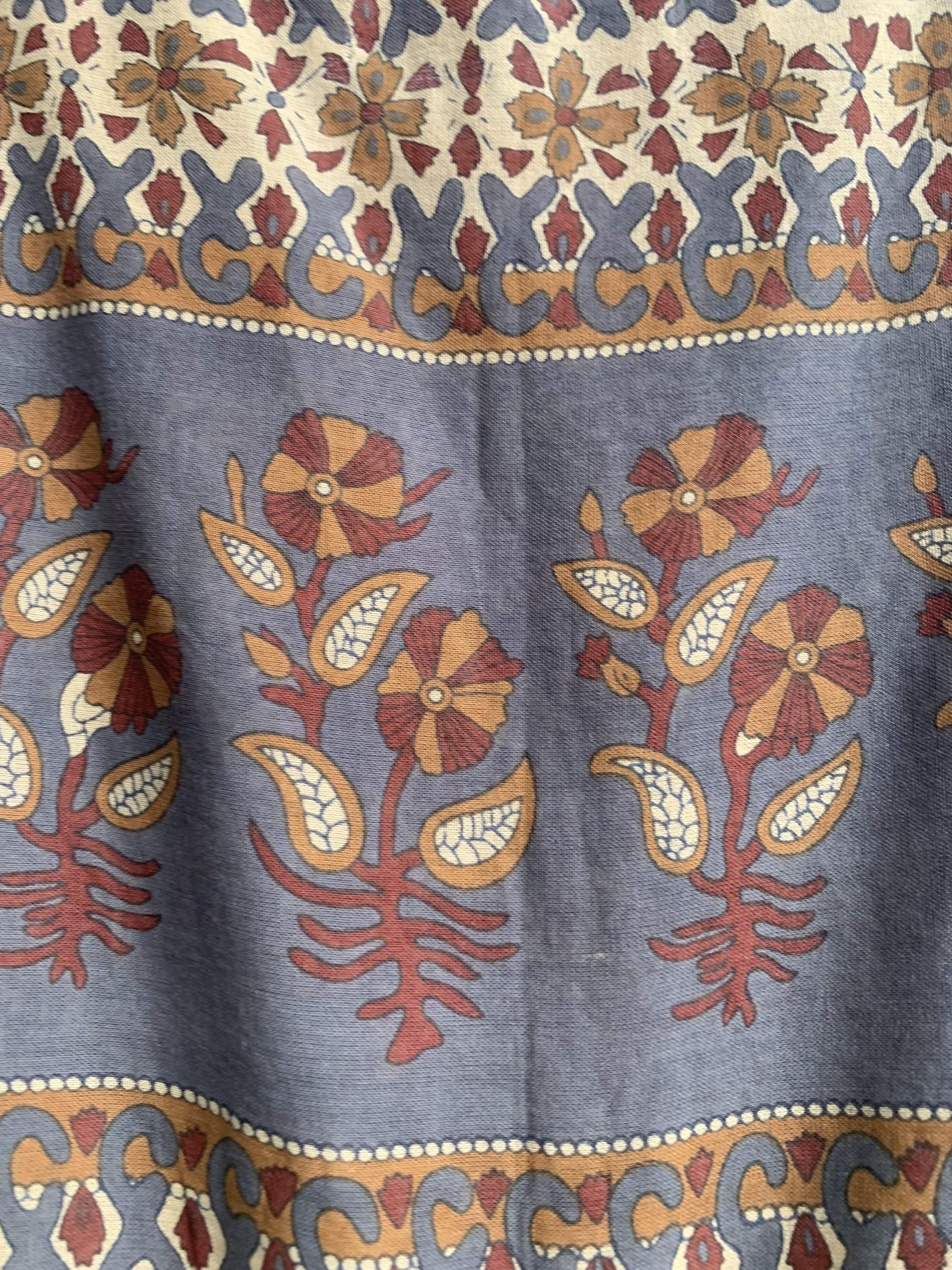 Earthy Floral Hand Screen Printed Cotton Maxi Dress with Border