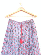 Blue Floral Hand Block Print Cotton Skirt with Tassel Waist