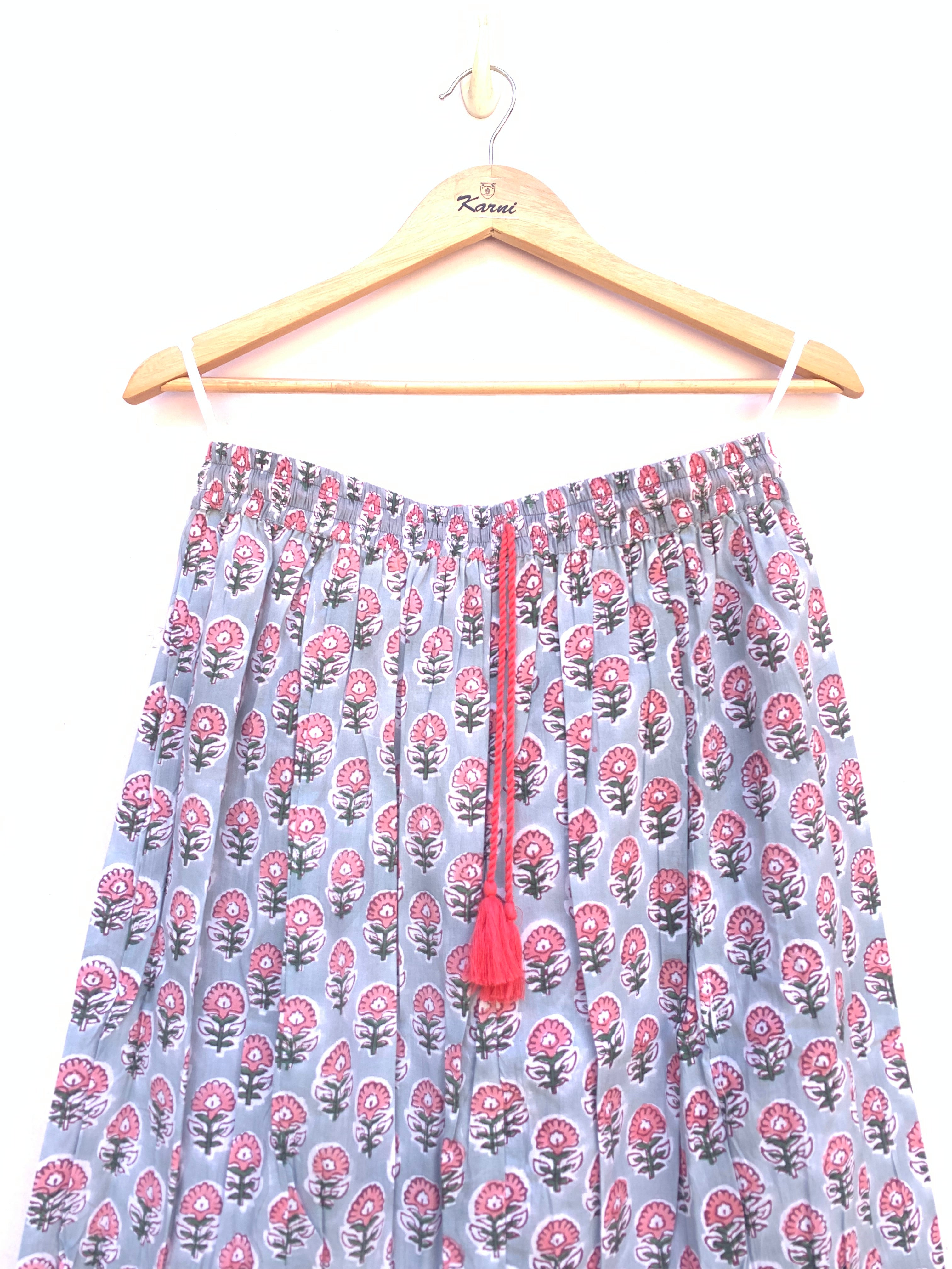 Blue Floral Hand Block Print Cotton Skirt with Tassel Waist