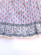 Blue Floral Hand Block Print Cotton Skirt with Tassel Waist