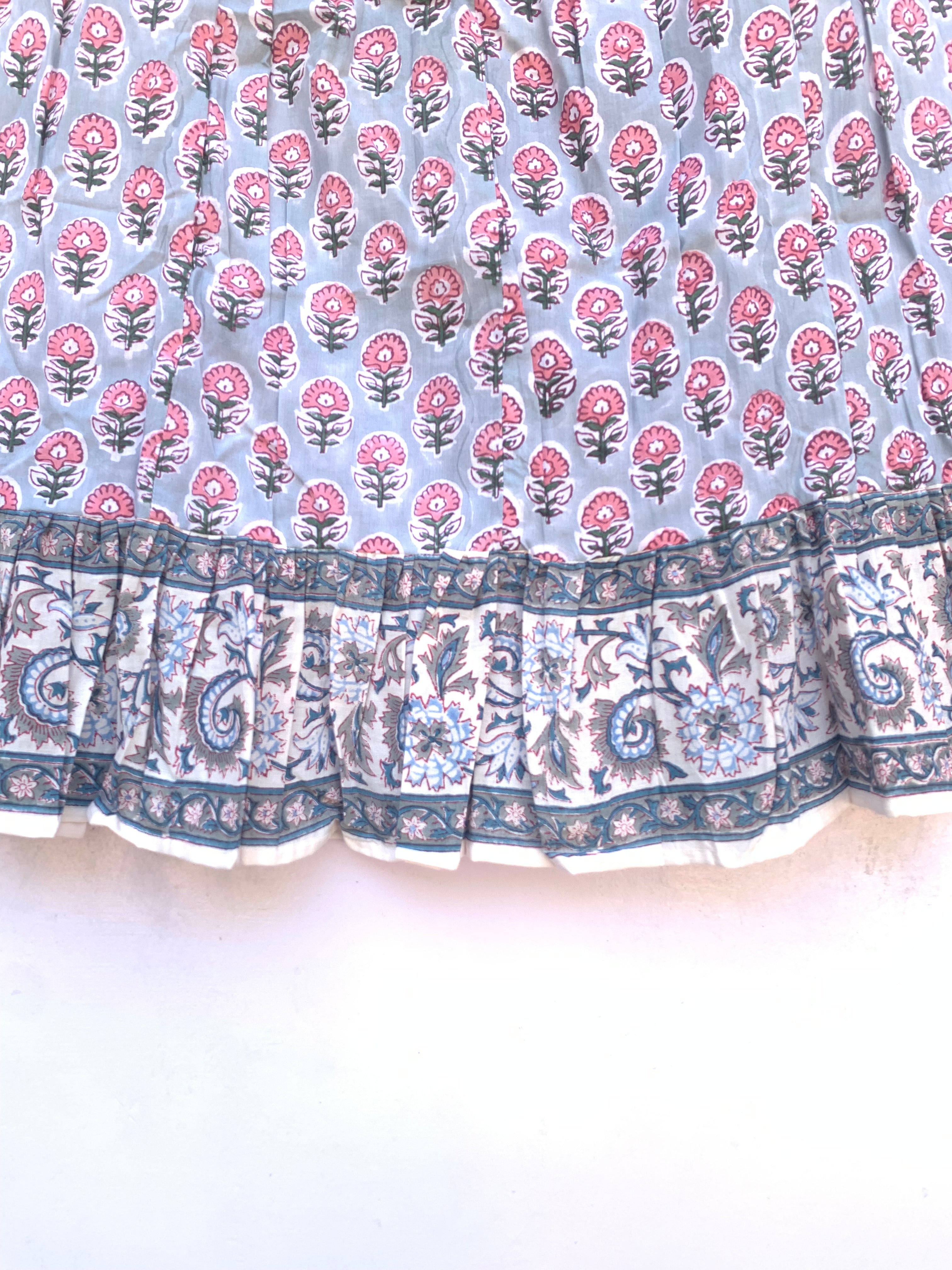 Blue Floral Hand Block Print Cotton Skirt with Tassel Waist