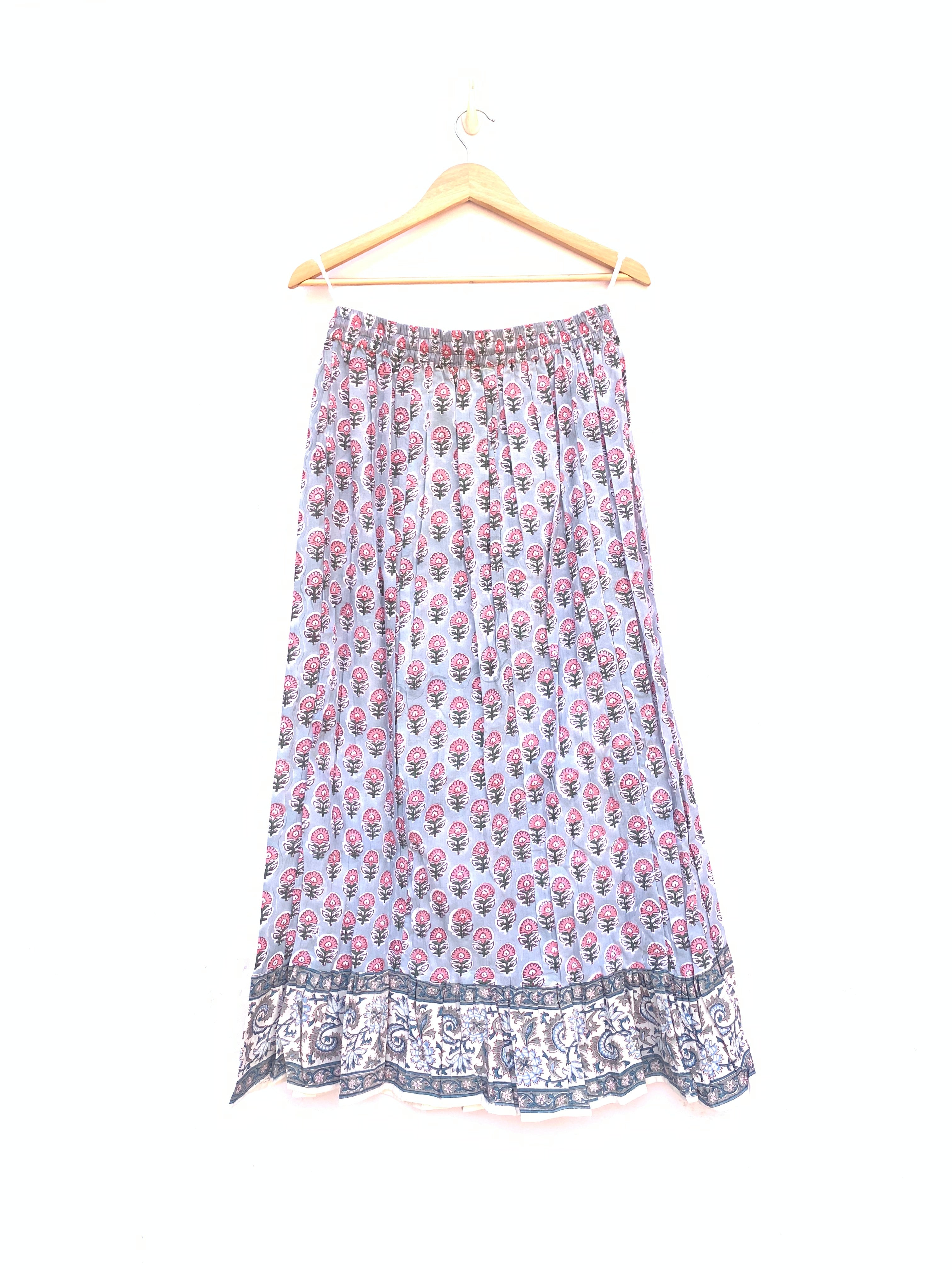 Blue Floral Hand Block Print Cotton Skirt with Tassel Waist