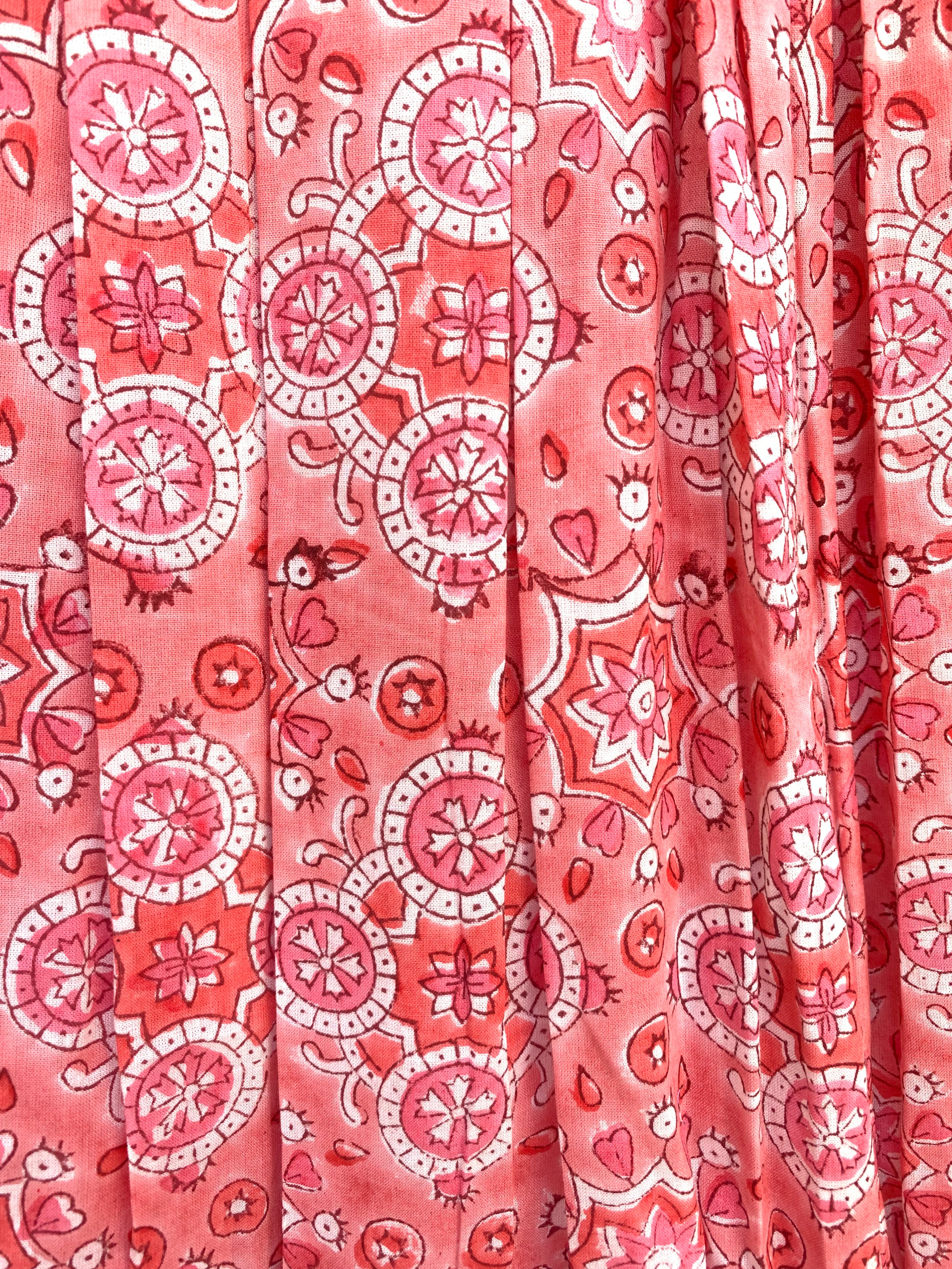 Coral Red Geometrical Block Print Cotton Maxi Skirt