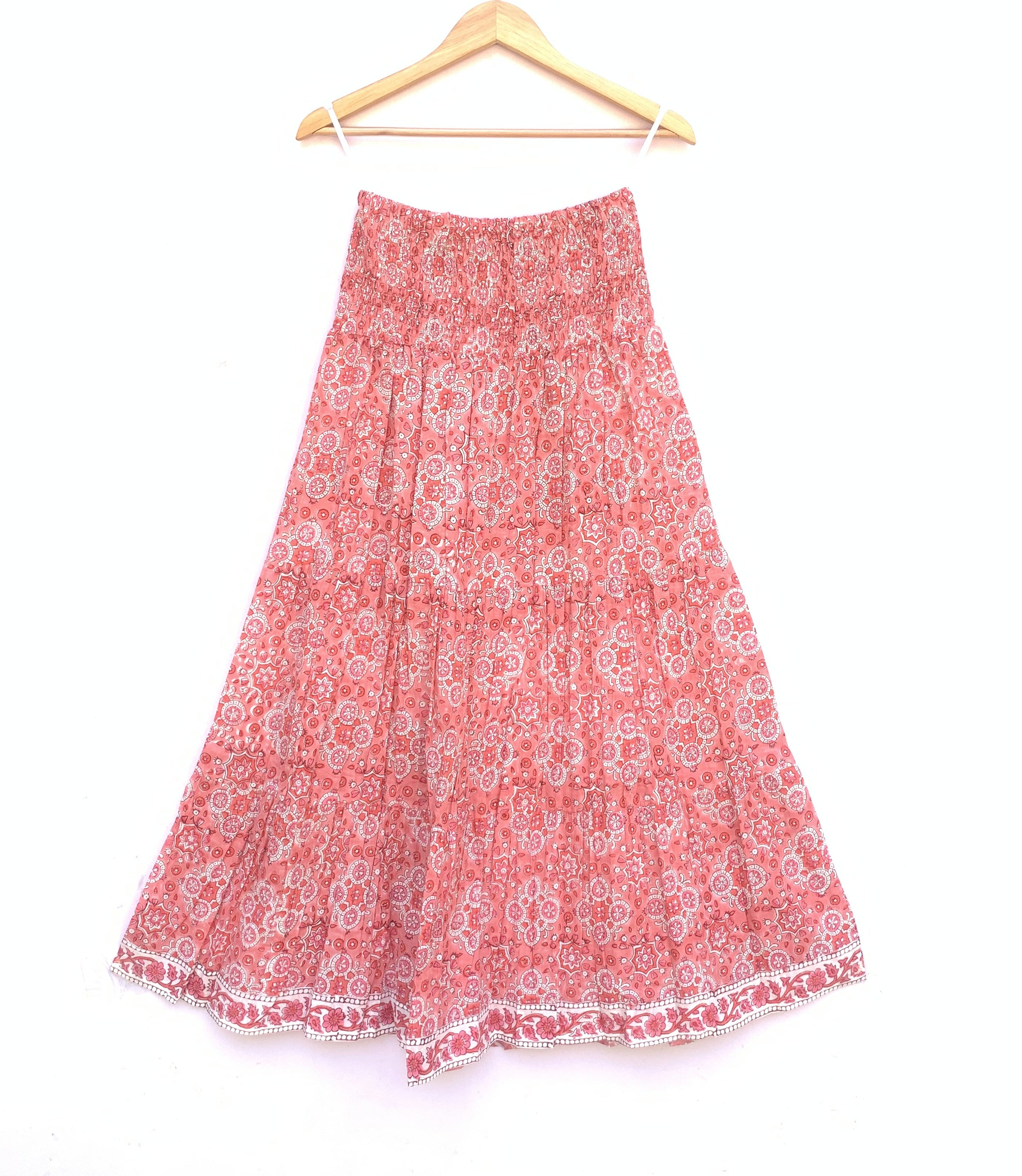 Coral Red Geometrical Block Print Cotton Maxi Skirt