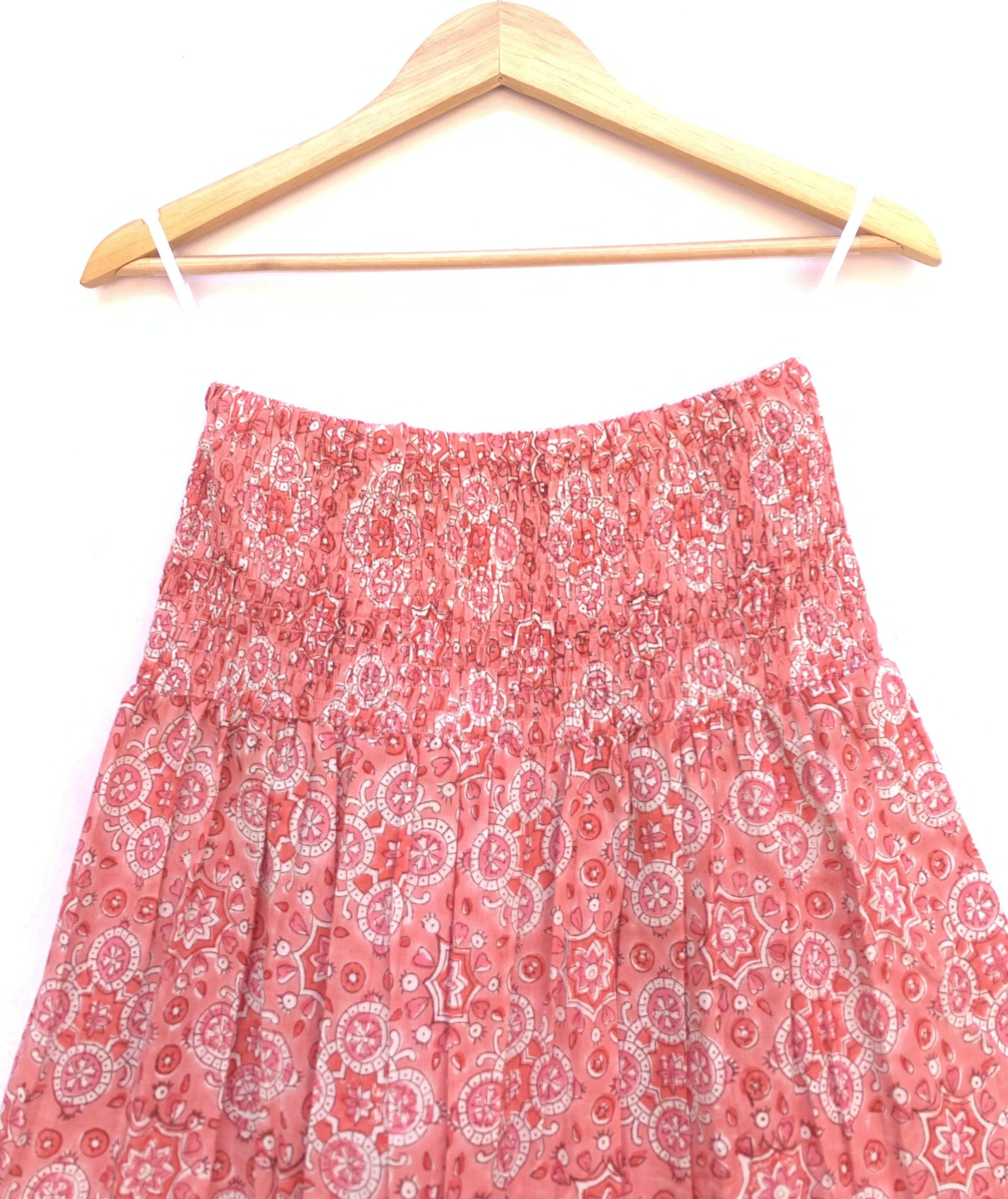 Coral Red Geometrical Block Print Cotton Maxi Skirt