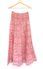 Coral Red Geometrical Block Print Cotton Maxi Skirt
