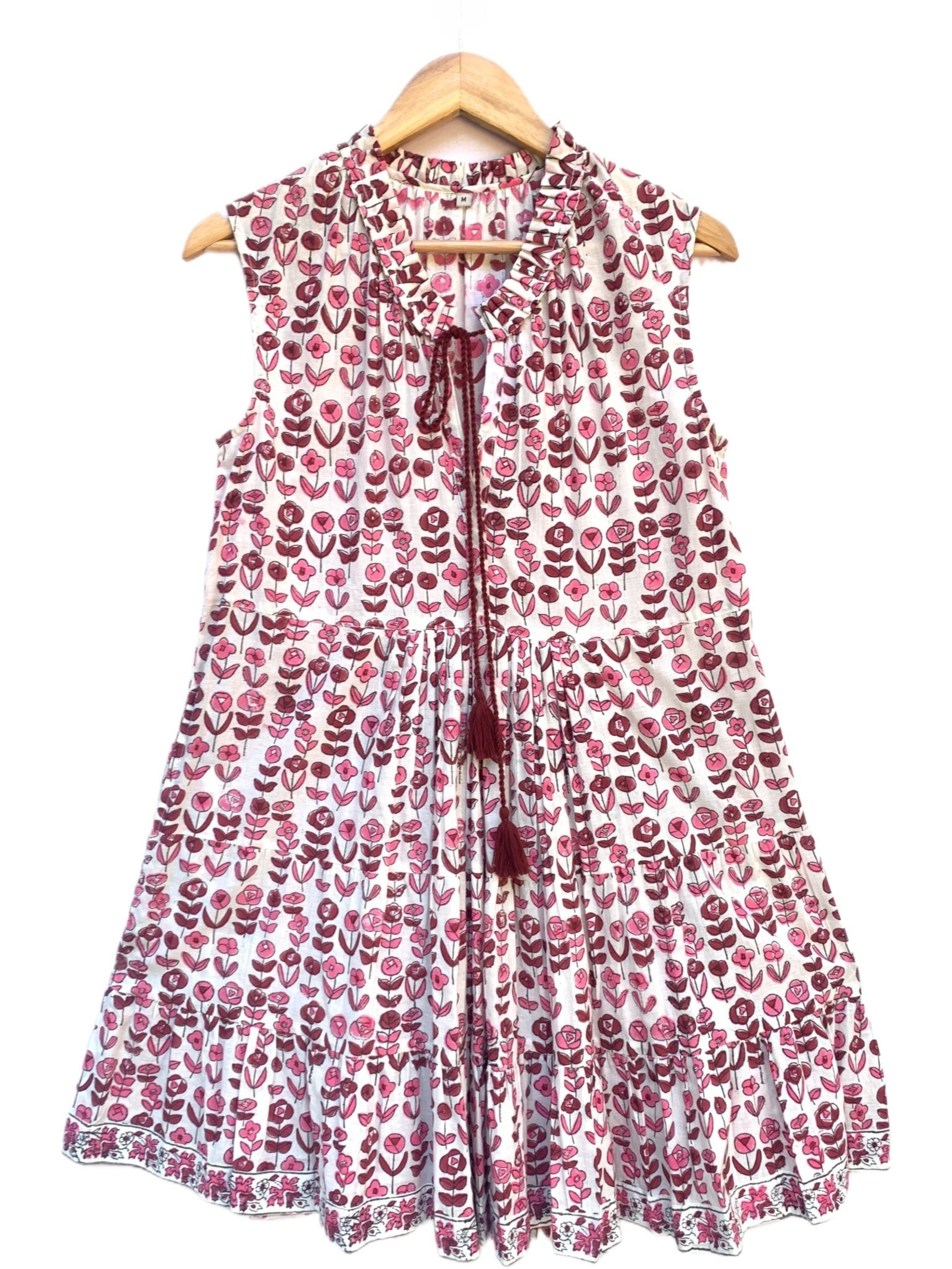 Pink & Mauve Floral Hand Block Print Boho Mini Dress