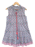 Grey & Pink Floral Hand Block Printed Cotton Tiered Beach Dress with Tassels