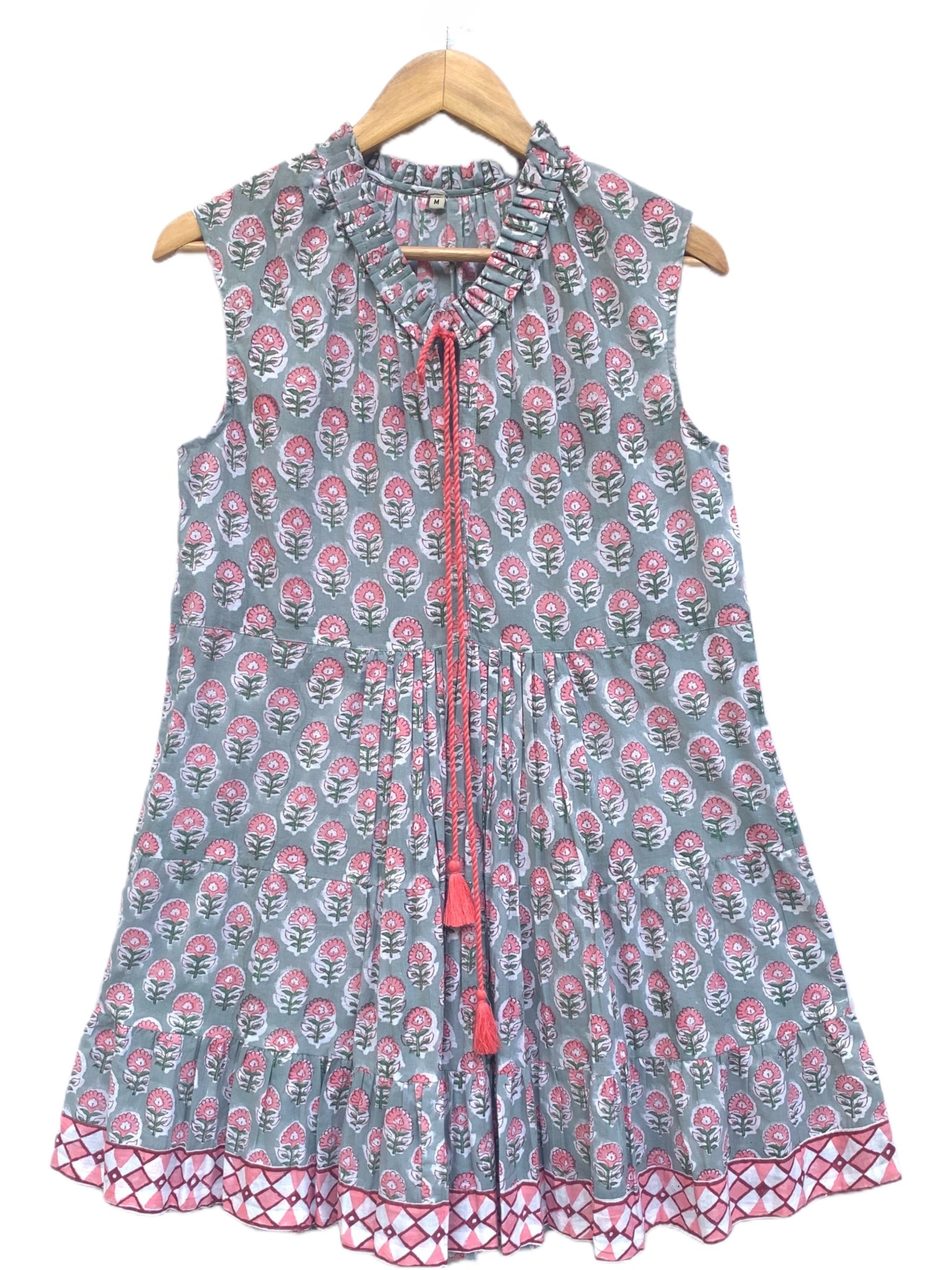 Grey & Pink Floral Hand Block Printed Cotton Tiered Beach Dress with Tassels