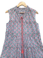 Grey & Pink Floral Hand Block Printed Cotton Tiered Beach Dress with Tassels