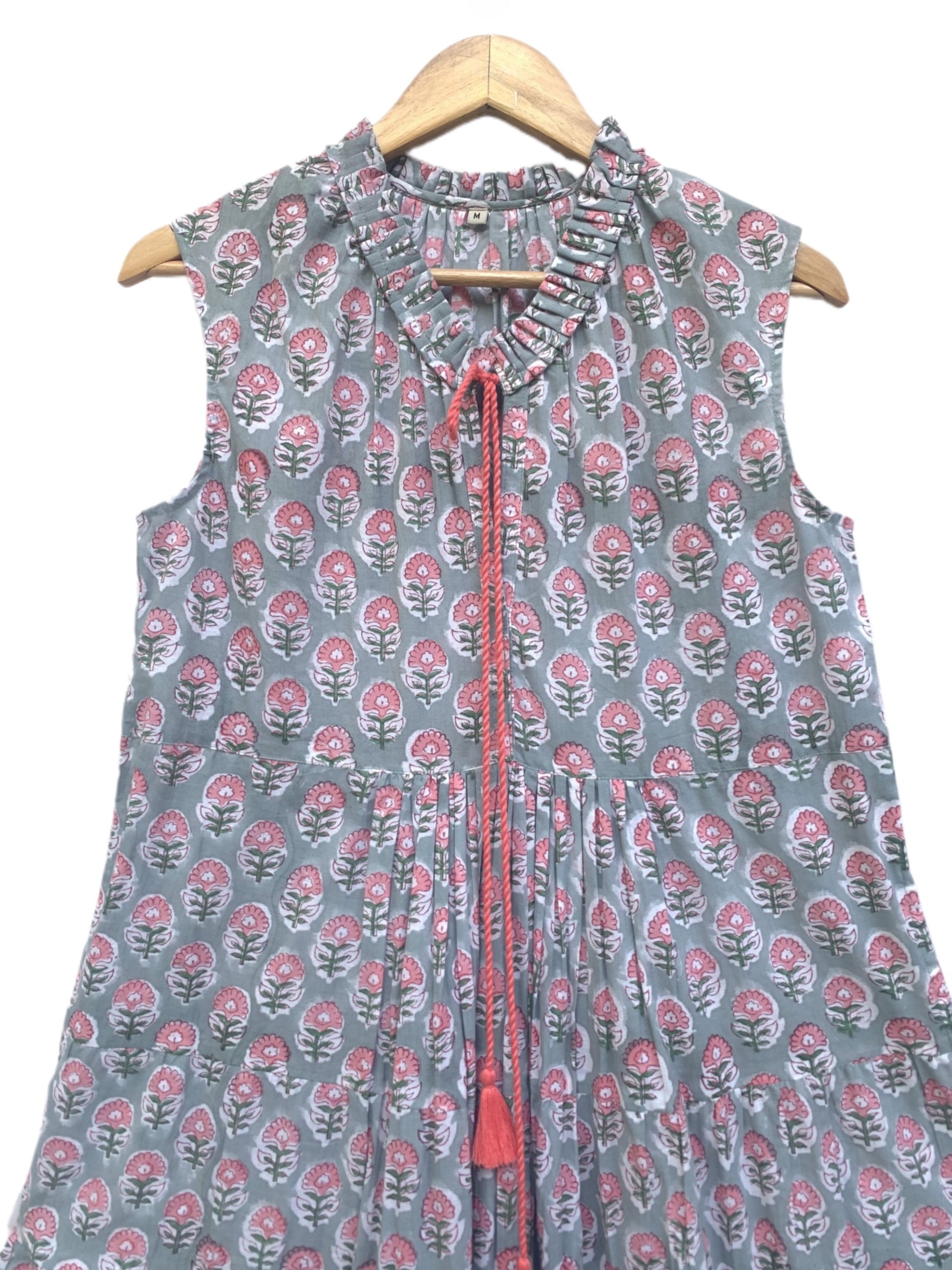 Grey & Pink Floral Hand Block Printed Cotton Tiered Beach Dress with Tassels