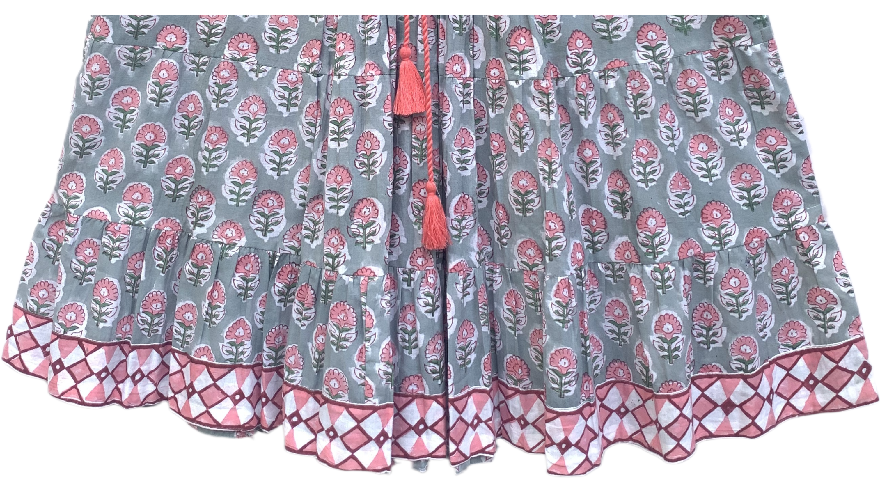 Grey & Pink Floral Hand Block Printed Cotton Tiered Beach Dress with Tassels