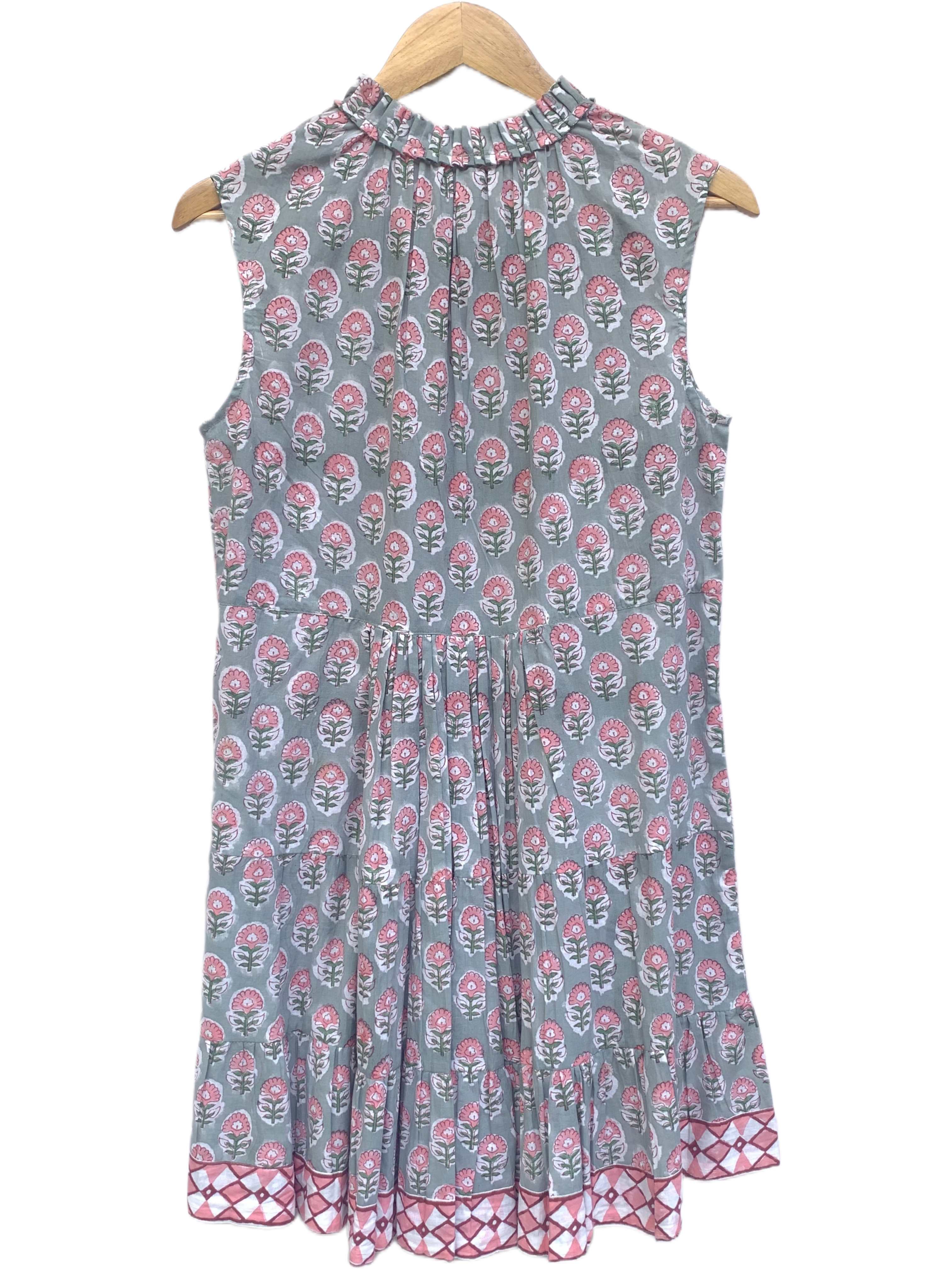Grey & Pink Floral Hand Block Printed Cotton Tiered Beach Dress with Tassels