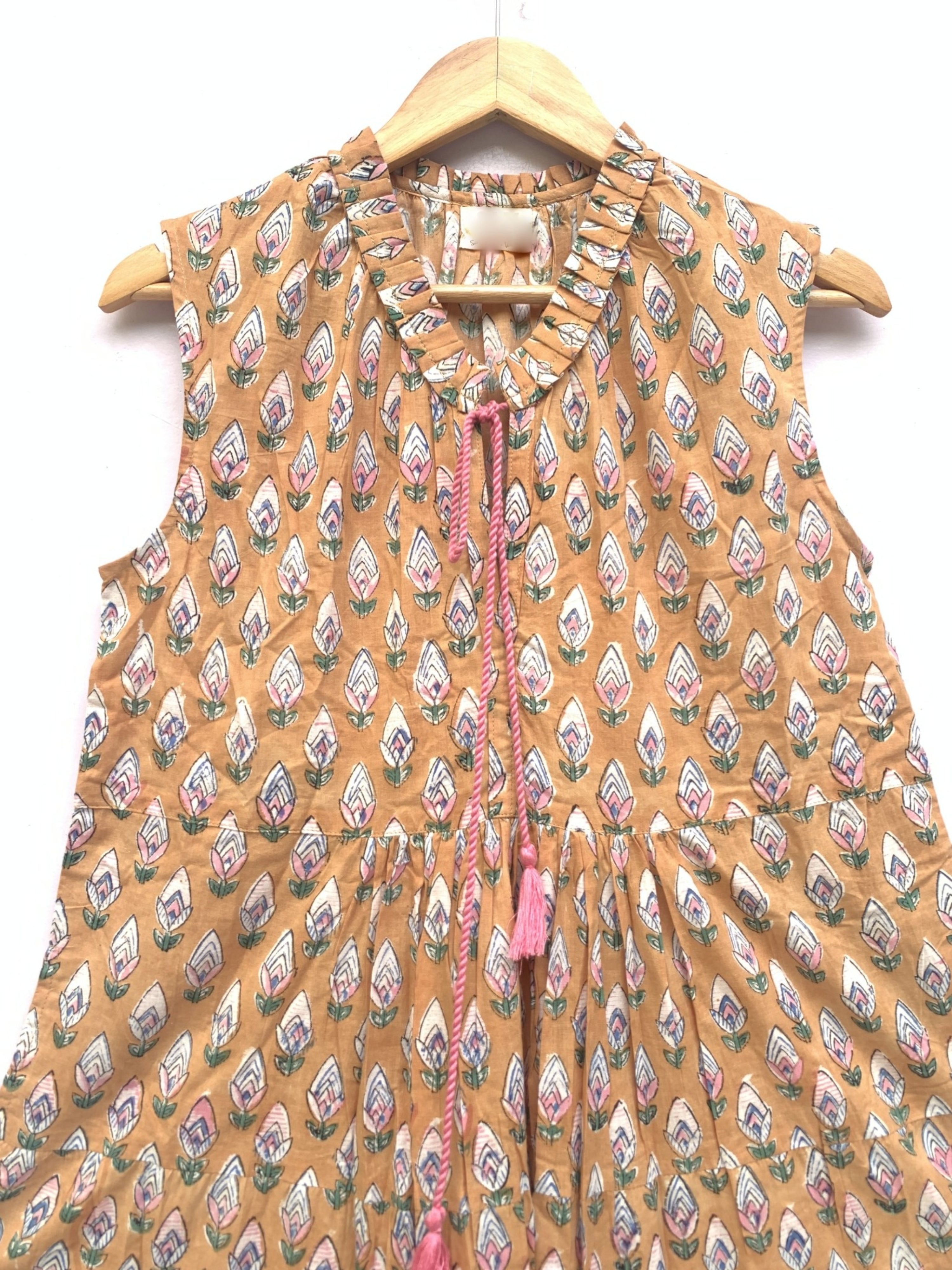 Mustard Yellow Hand-Block Printed Cotton Tiered Mini Dress with Tassels