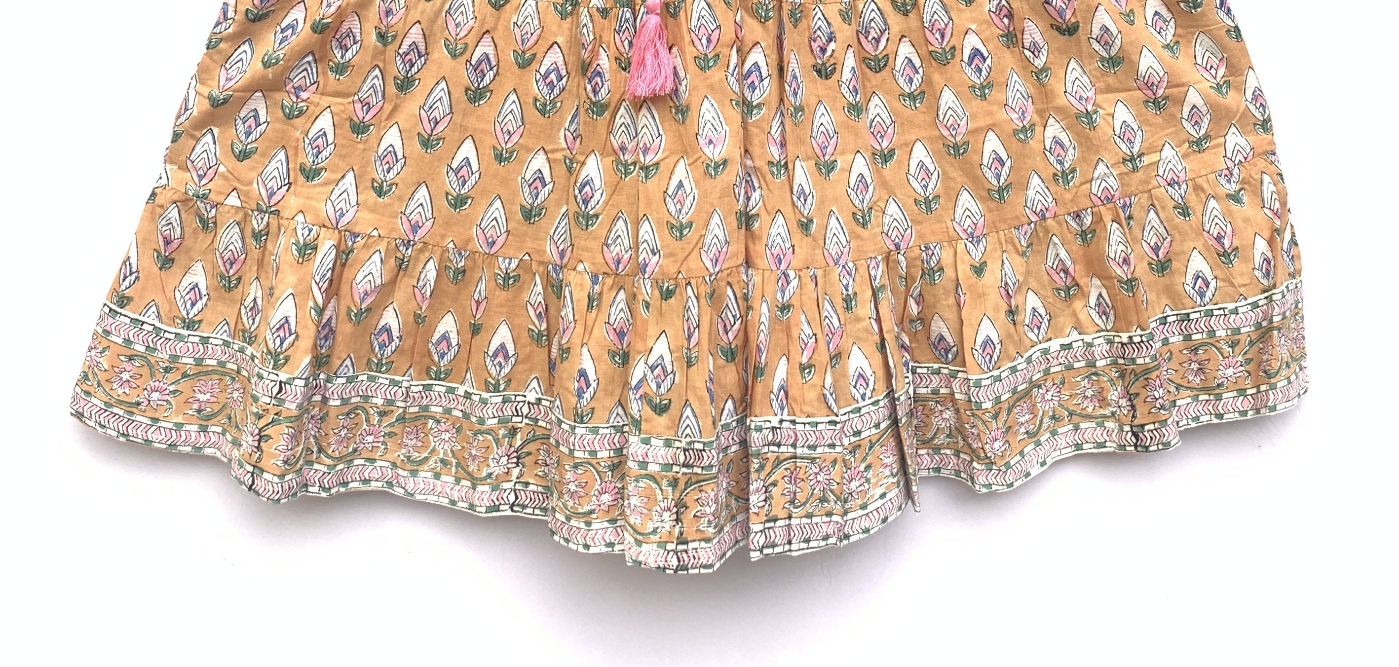 Mustard Yellow Hand-Block Printed Cotton Tiered Mini Dress with Tassels