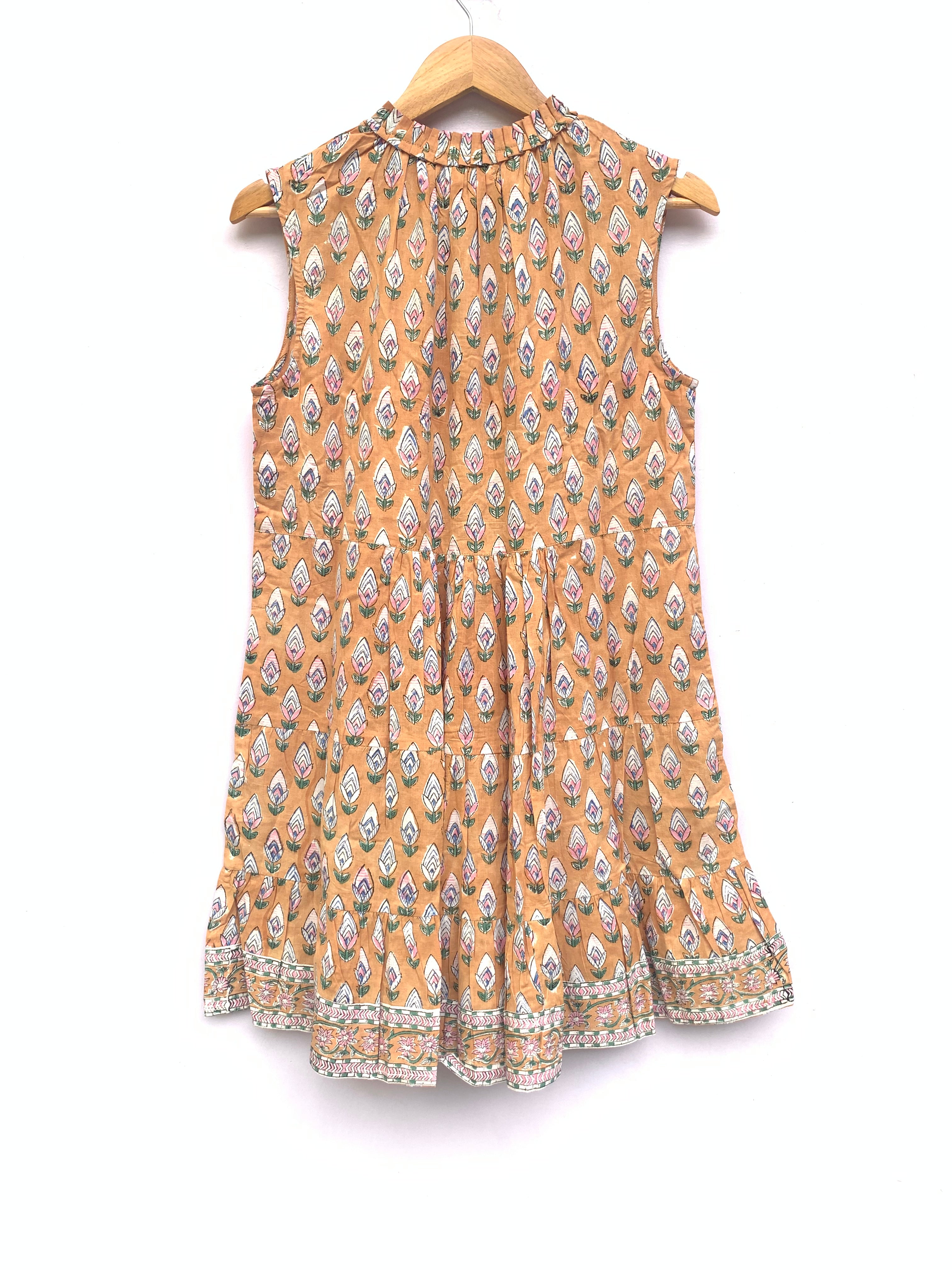Mustard Yellow Hand-Block Printed Cotton Tiered Mini Dress with Tassels