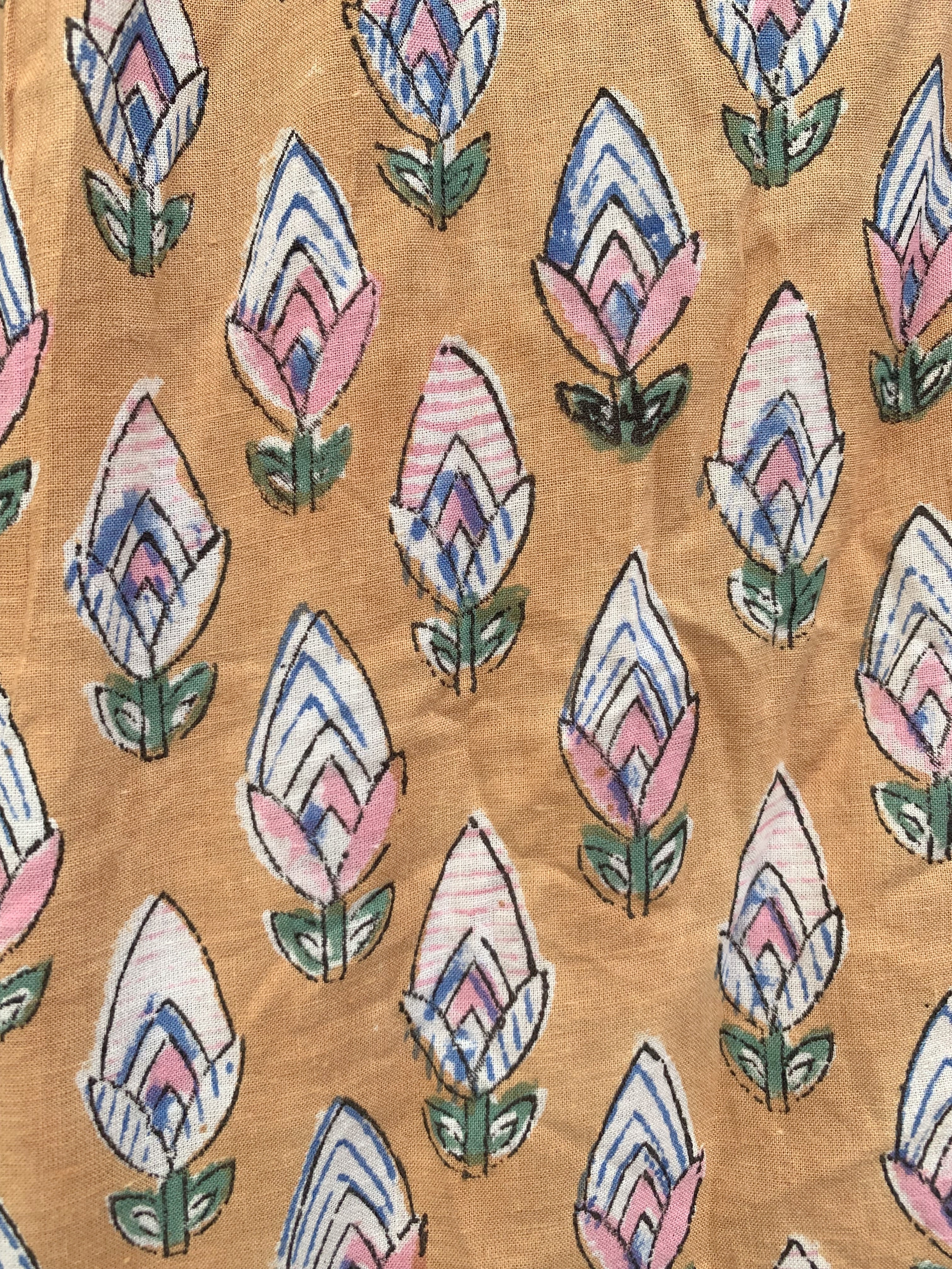 Mustard Yellow Hand-Block Printed Cotton Tiered Mini Dress with Tassels