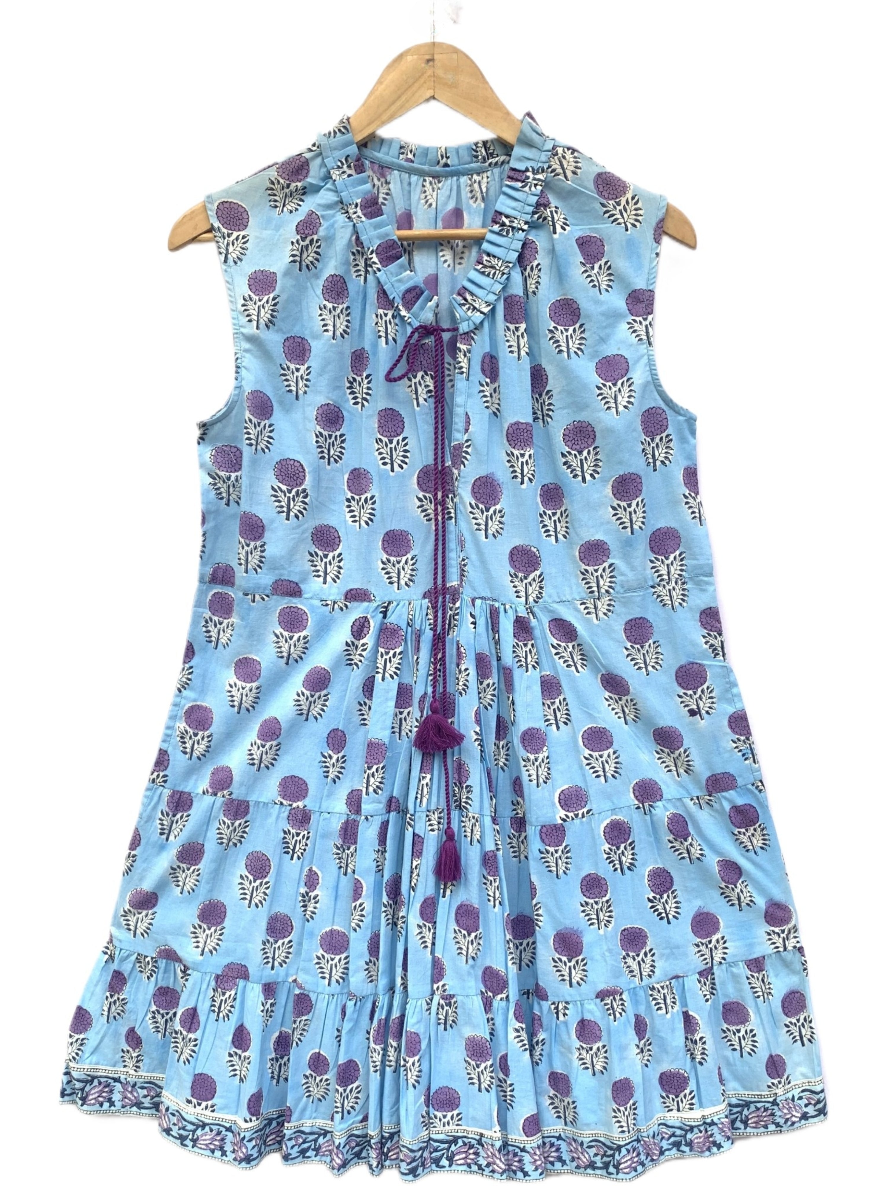 Blue & Purple Floral Hand Block Printed Tiered Mini Dress