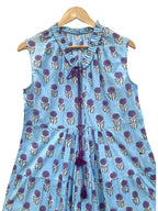 Blue & Purple Floral Hand Block Printed Tiered Mini Dress